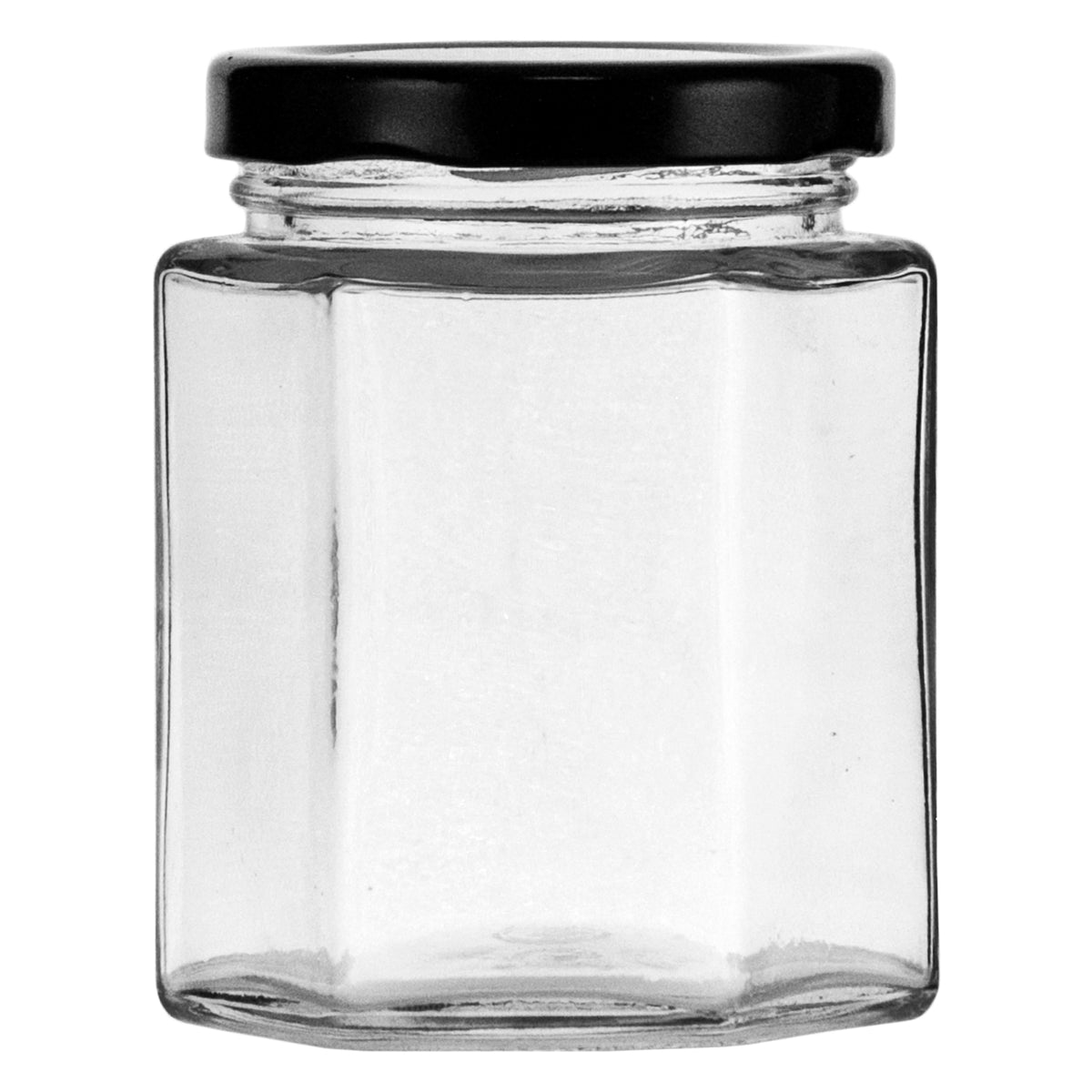 REGENT GLASS HEXAGONAL JARS WITH BLACK LIDS 6PK, 200ML
