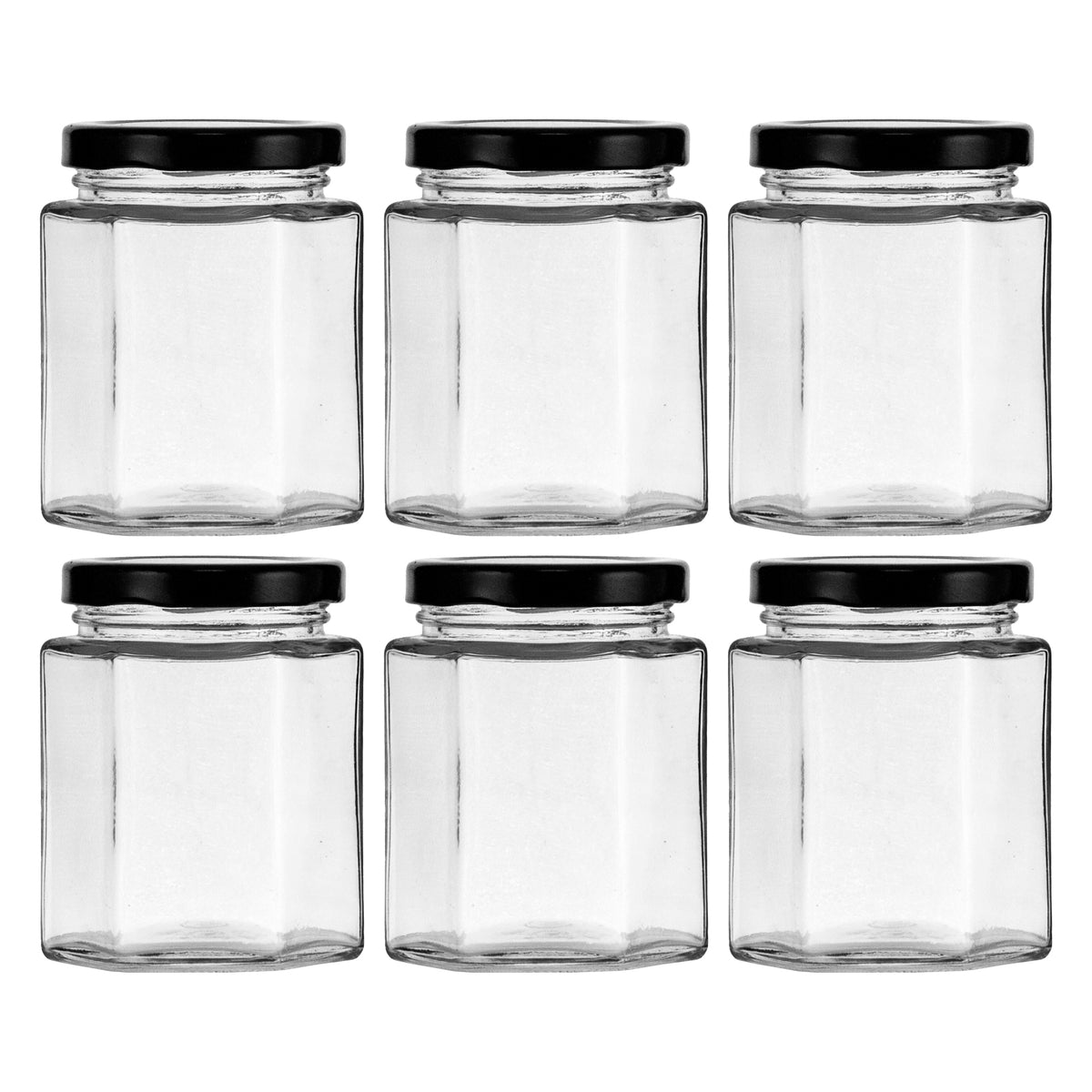 REGENT GLASS HEXAGONAL JARS WITH BLACK LIDS 6PK, 200ML