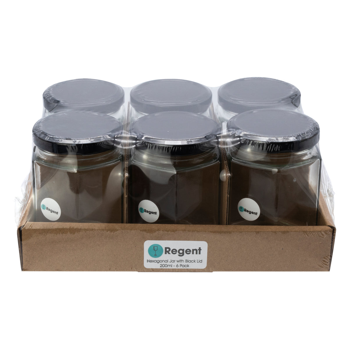 REGENT GLASS HEXAGONAL JARS WITH BLACK LIDS 6PK, 200ML