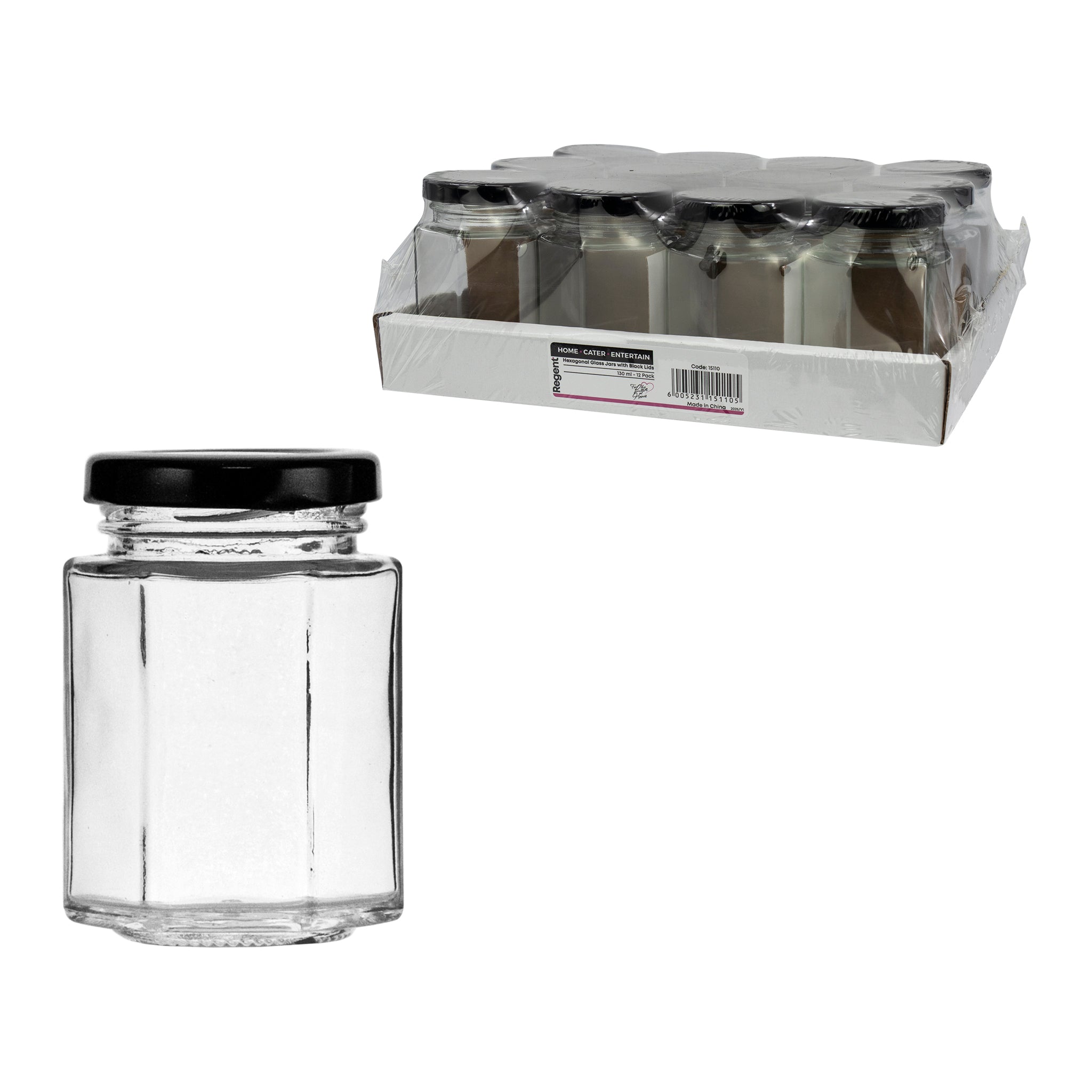 REGENT GLASS HEXAGONAL JARS WITH BLACK LIDS 12PK, 130ML