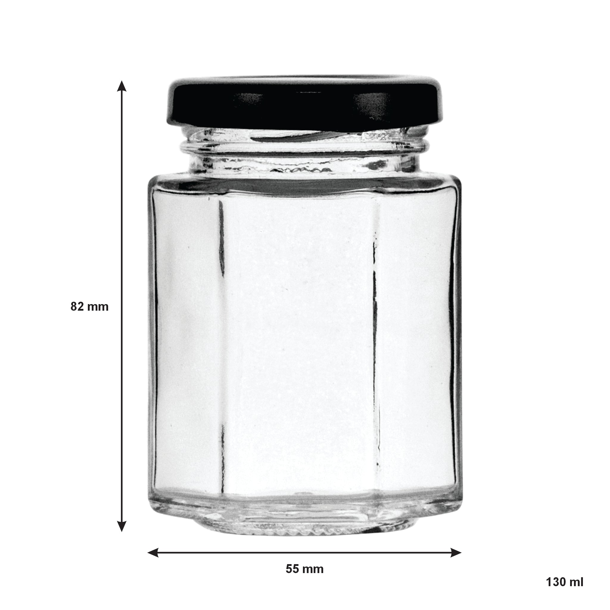REGENT GLASS HEXAGONAL JARS WITH BLACK LIDS 12PK, 130ML