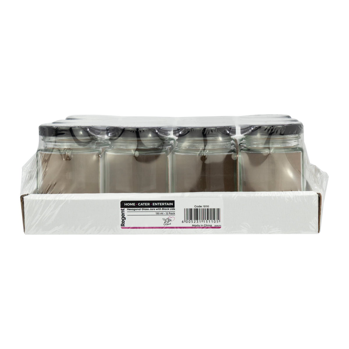 REGENT GLASS HEXAGONAL JARS WITH BLACK LIDS 12PK, 130ML