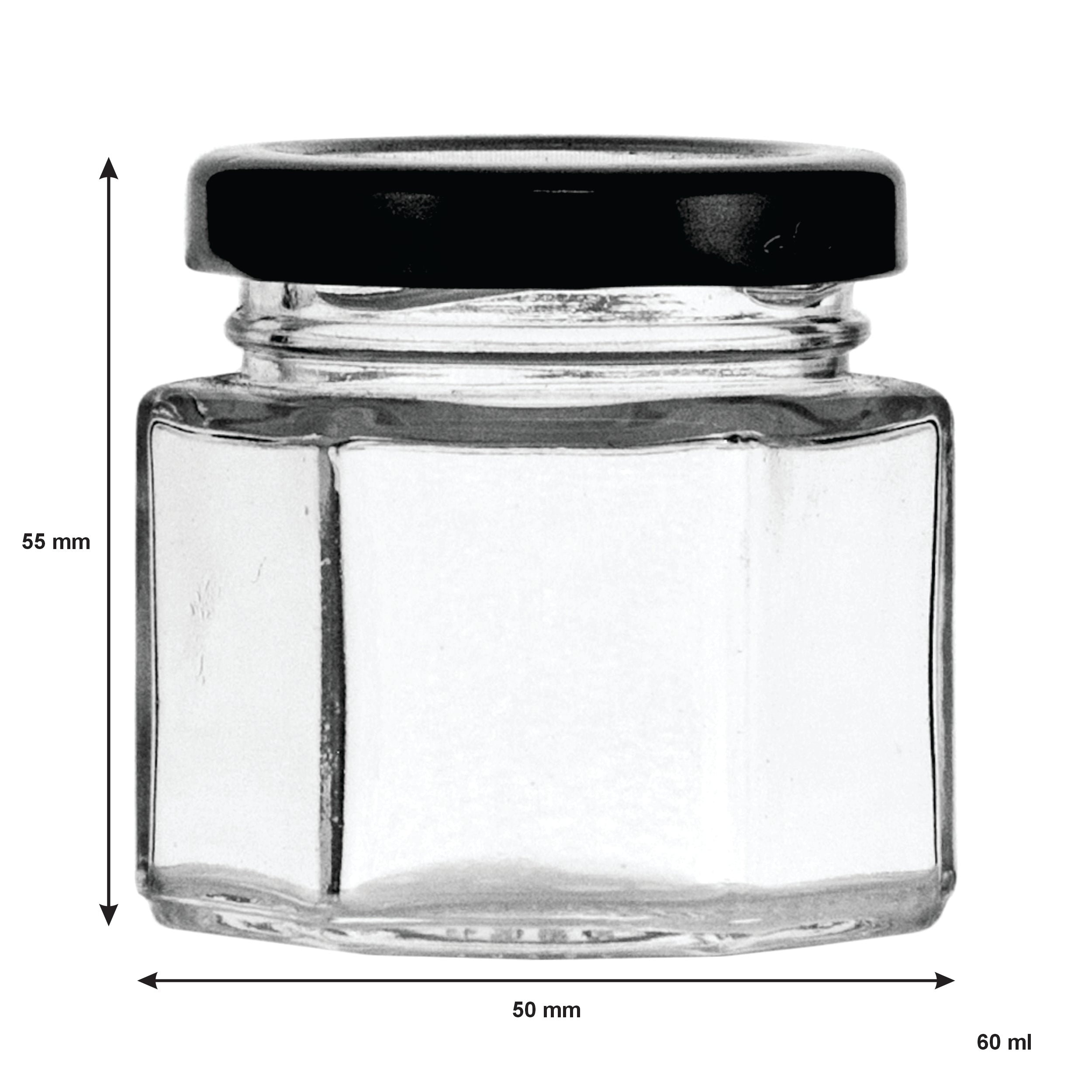 REGENT GLASS HEXAGONAL JARS WITH BLACK LIDS 12PK, 60ML