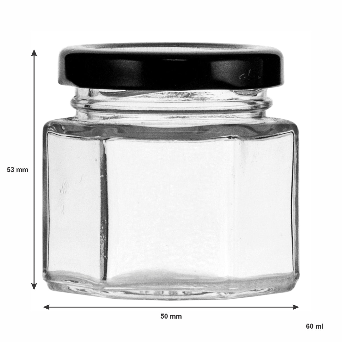 REGENT GLASS HEXAGONAL JARS WITH BLACK LIDS 12PK, 60ML