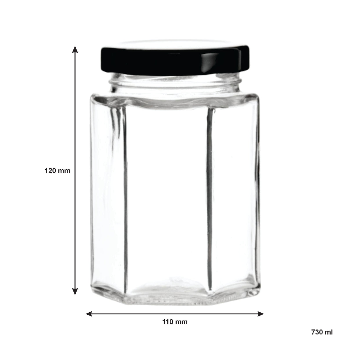 REGENT GLASS HEXAGONAL JARS WITH BLACK LIDS 6PK, 730ML