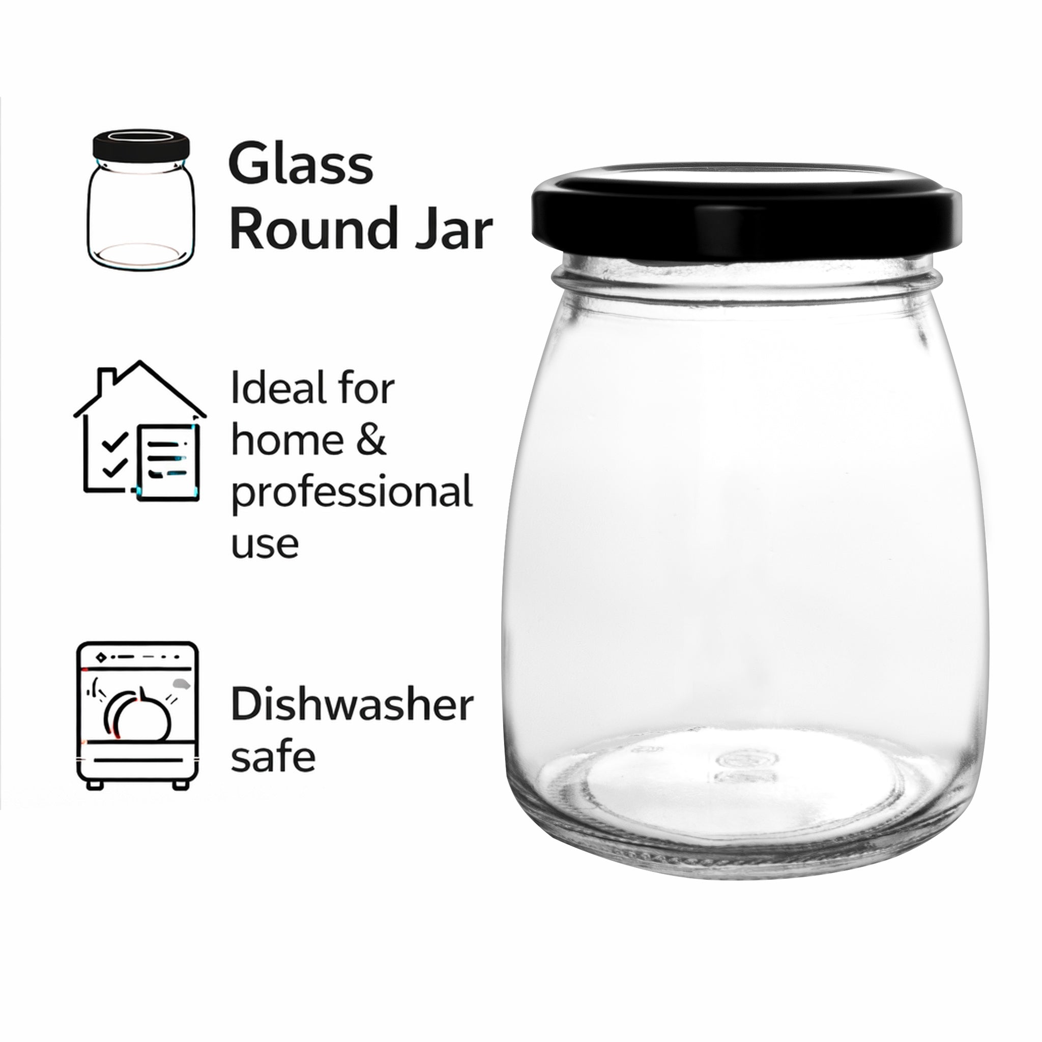REGENT GLASS ROUND JARS WITH BLACK LIDS,12PK, 210ML
