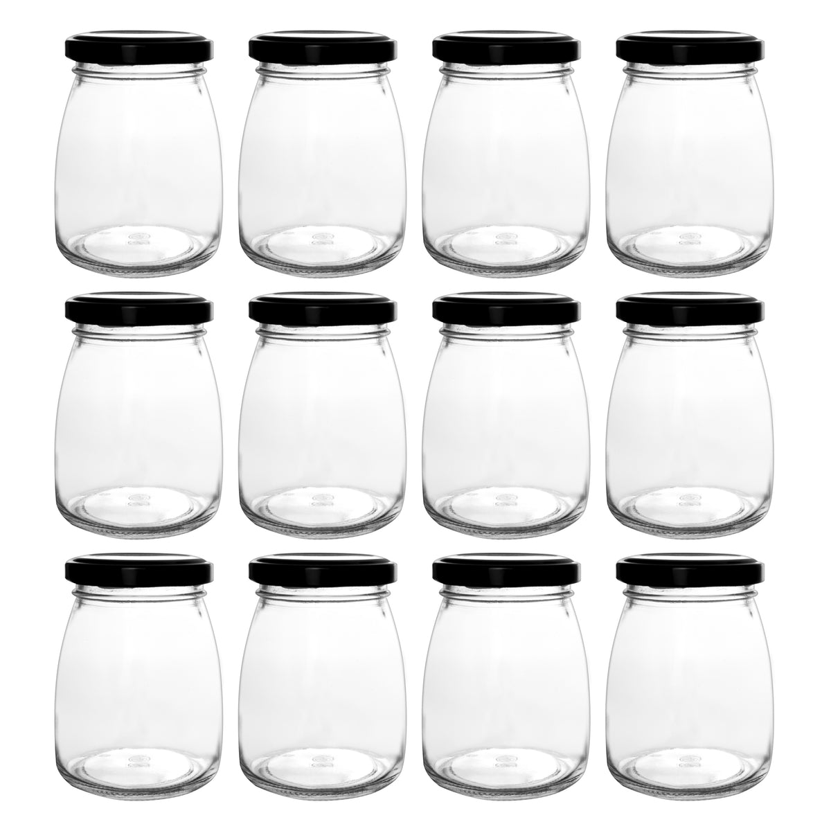 REGENT GLASS ROUND JARS WITH BLACK LIDS,12PK, 210ML