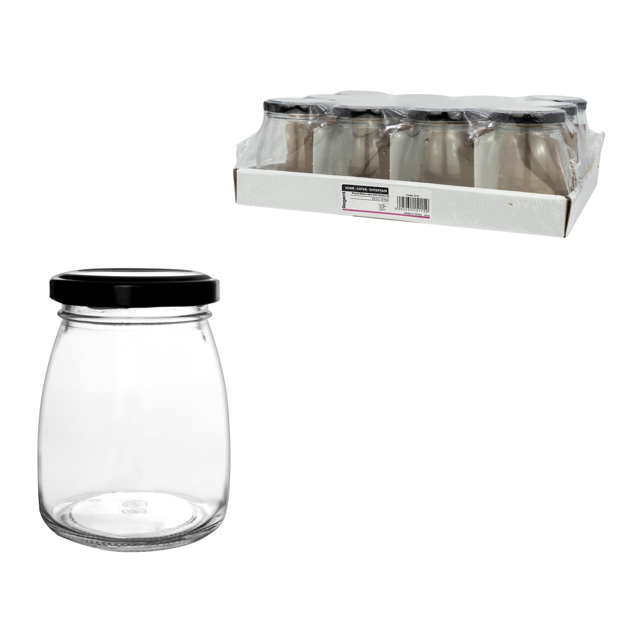 REGENT GLASS ROUND JARS WITH BLACK LIDS,12PK, 210ML