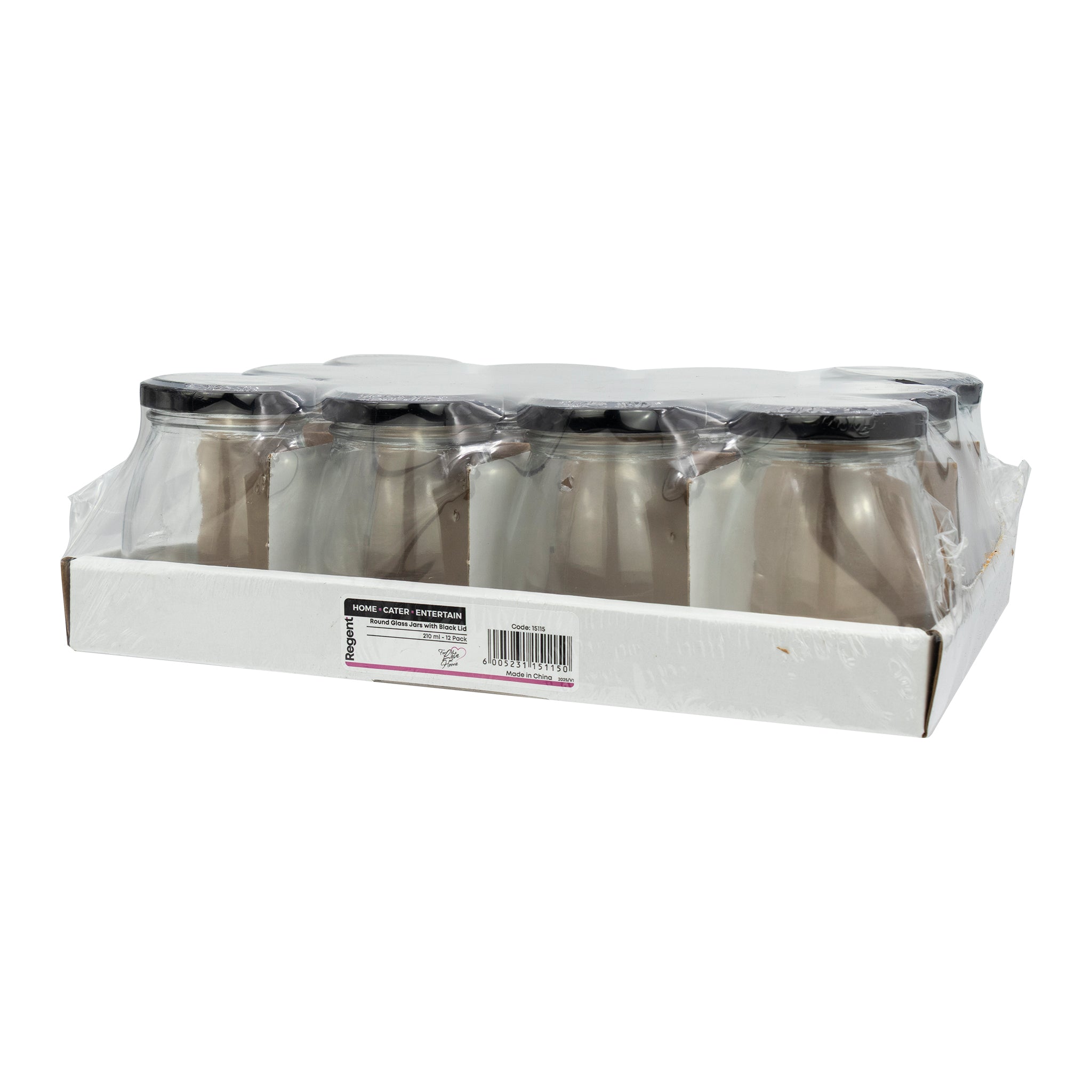 REGENT GLASS ROUND JARS WITH BLACK LIDS,12PK, 210ML