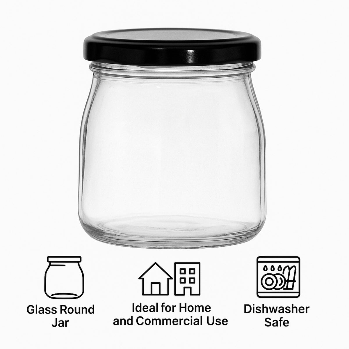 REGENT GLASS ROUND JARS WITH BLACK LIDS 12PK, 180ML