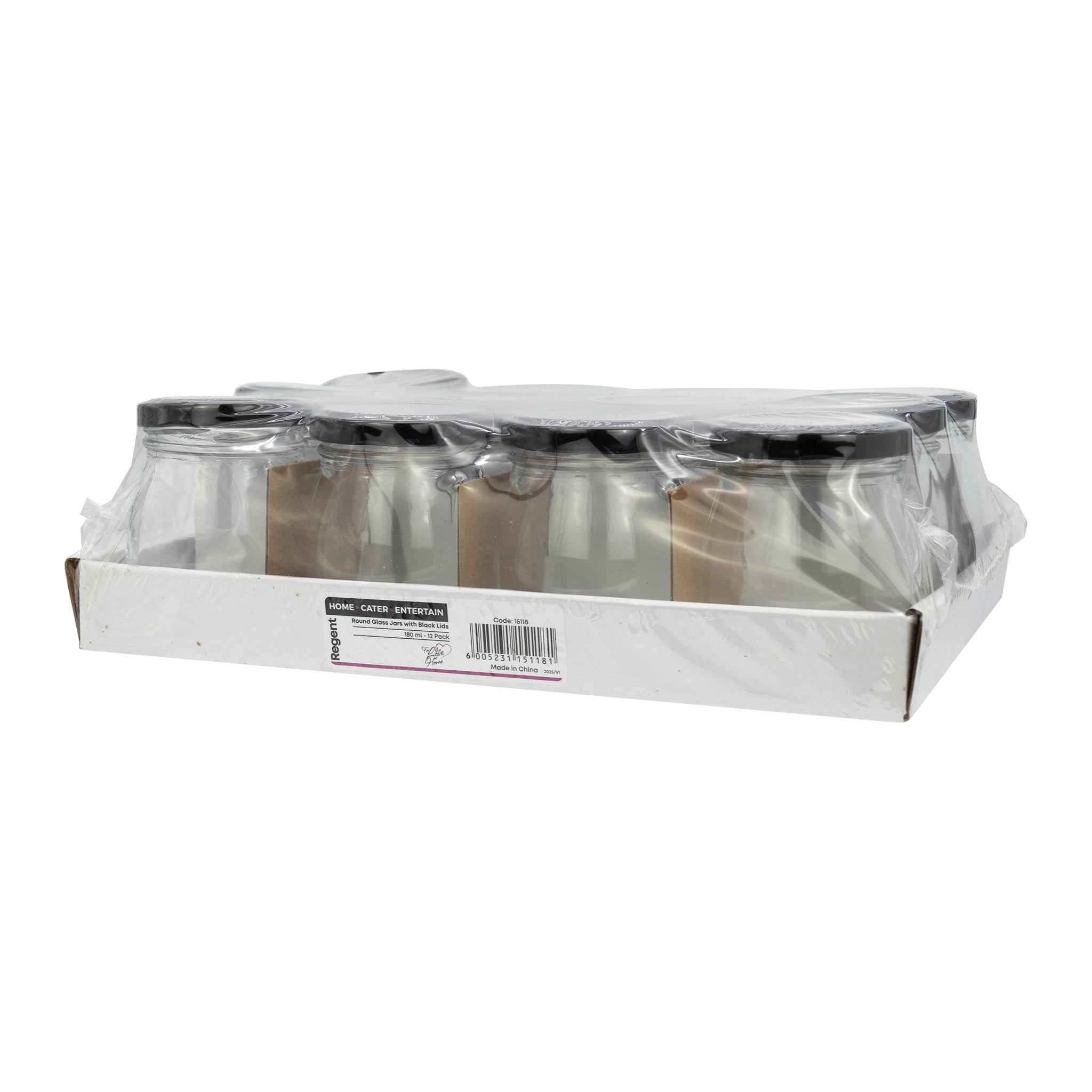 REGENT GLASS ROUND JARS WITH BLACK LIDS 12PK, 180ML