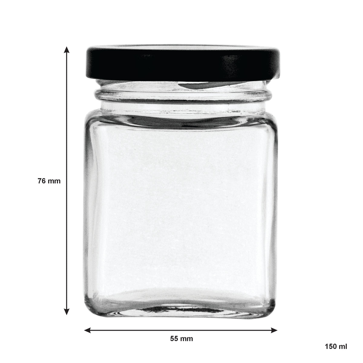 REGENT GLASS SQUARE JARS WITH BLACK LIDS 12PK, 150ML