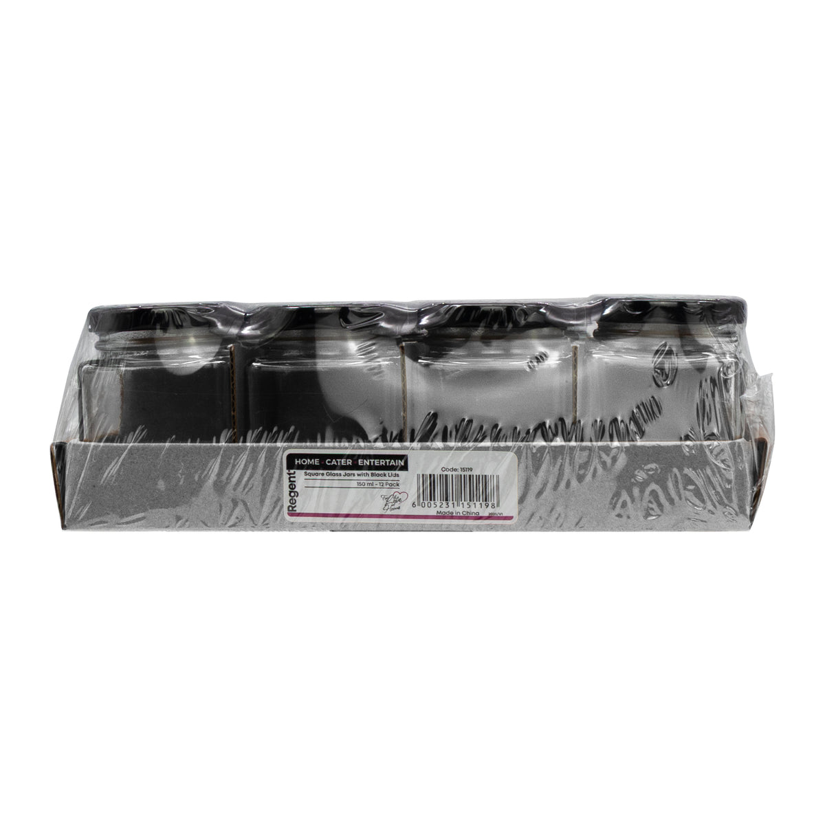 REGENT GLASS SQUARE JARS WITH BLACK LIDS 12PK, 150ML
