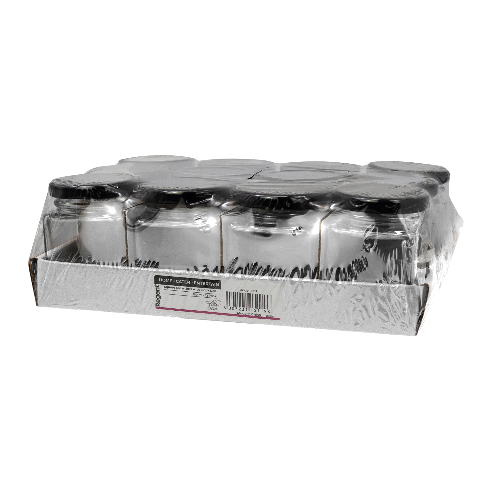 REGENT GLASS SQUARE JARS WITH BLACK LIDS 12PK, 150ML