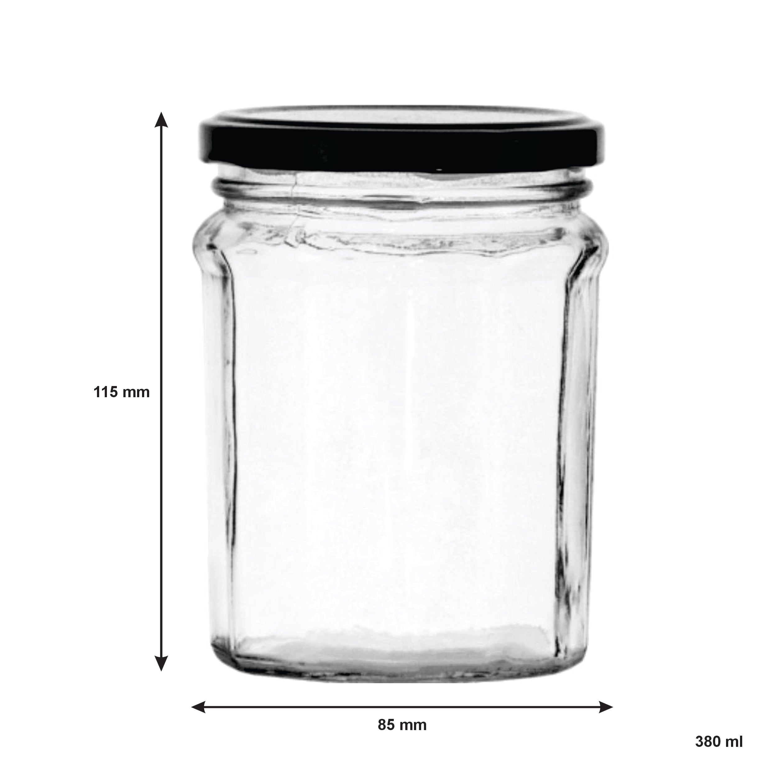 REGENT GLASS FACETED JARS WITH BLACK LIDS 6PK, 380ML