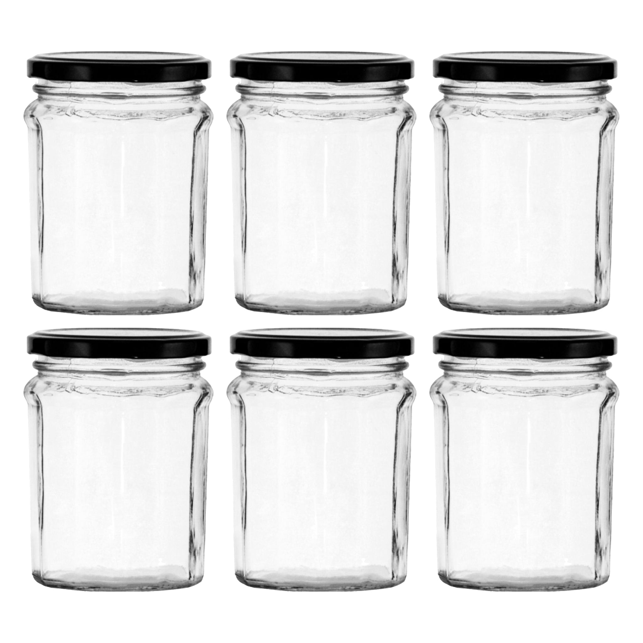 REGENT GLASS FACETED JARS WITH BLACK LIDS 6PK, 380ML