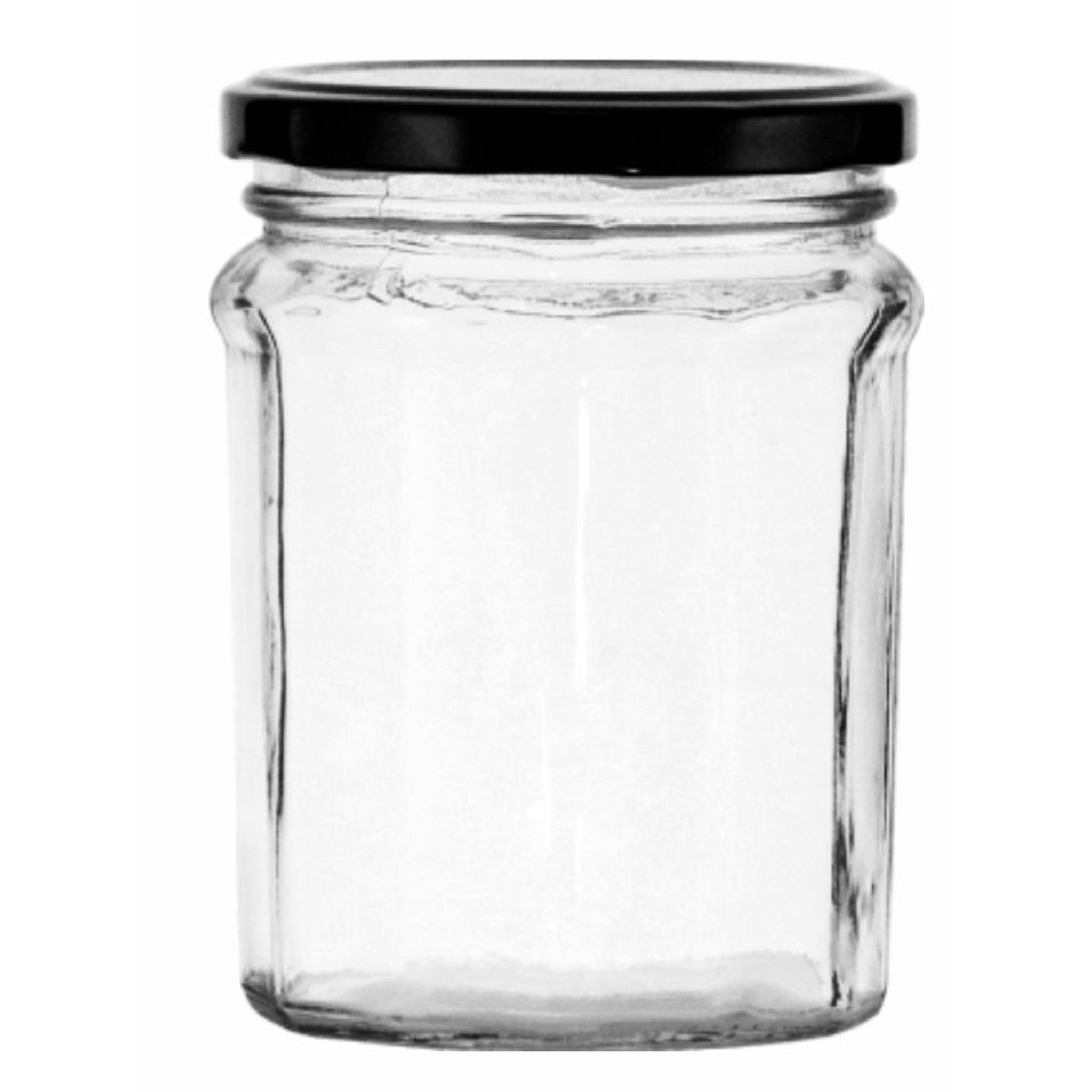 REGENT GLASS FACETED JARS WITH BLACK LIDS 6PK, 380ML