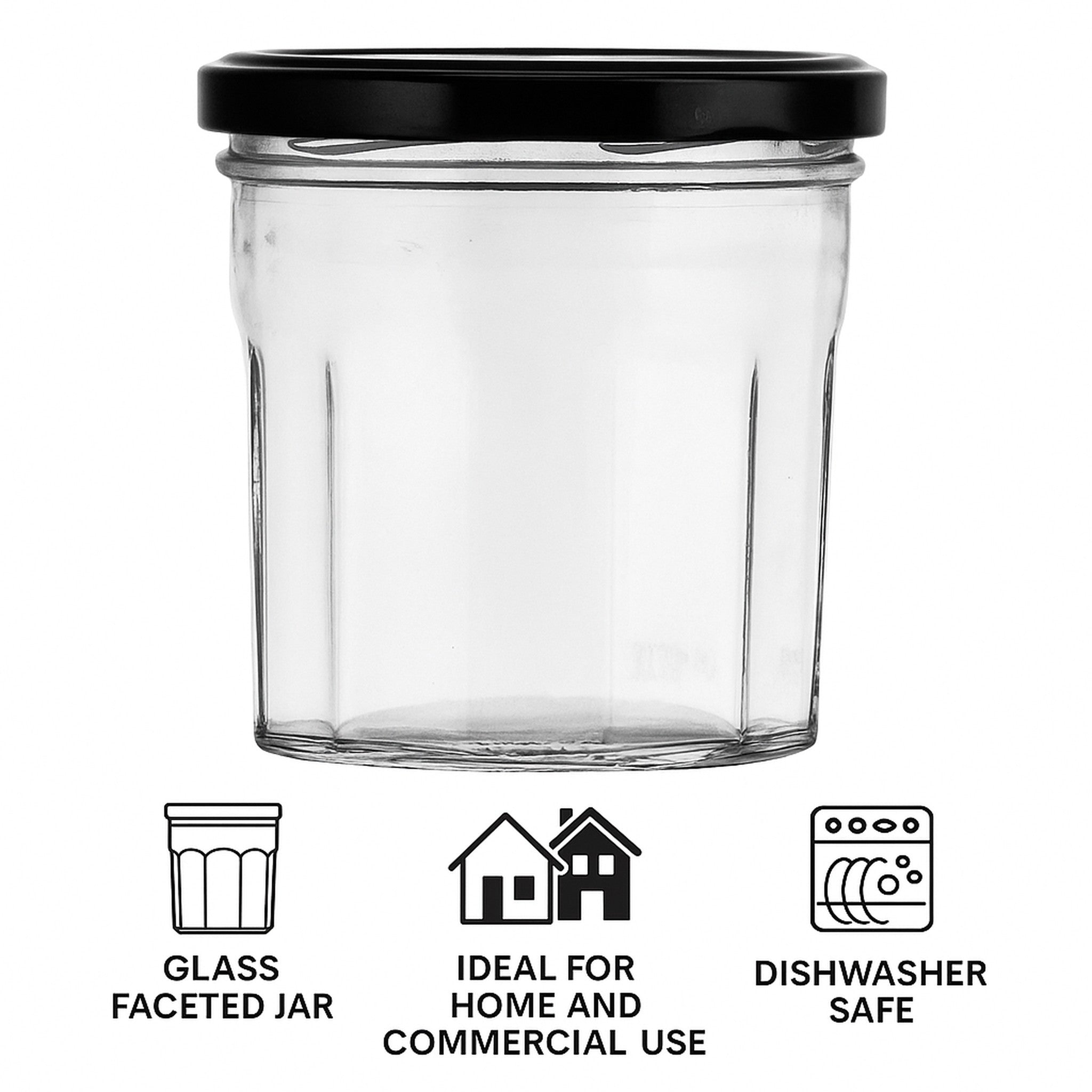 REGENT GLASS FACETED JARS WITH BLACK LIDS 6PK, 300ML