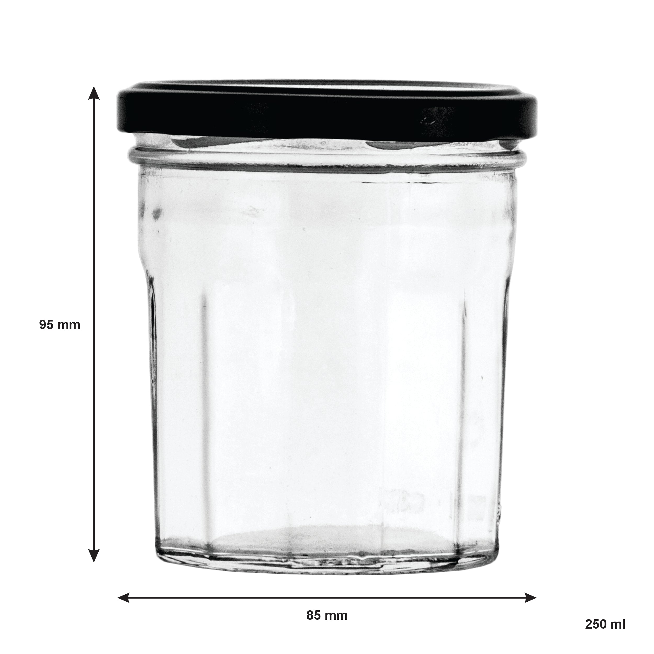 REGENT GLASS FACETED JARS WITH BLACK LIDS 6PK, 300ML