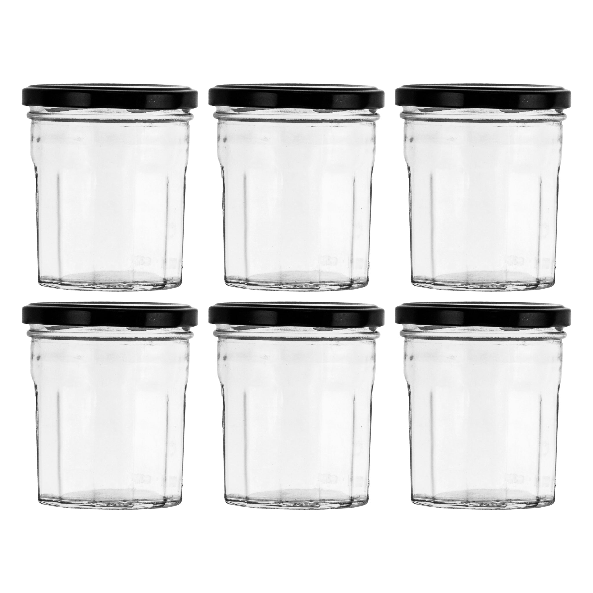 REGENT GLASS FACETED JARS WITH BLACK LIDS 6PK, 300ML