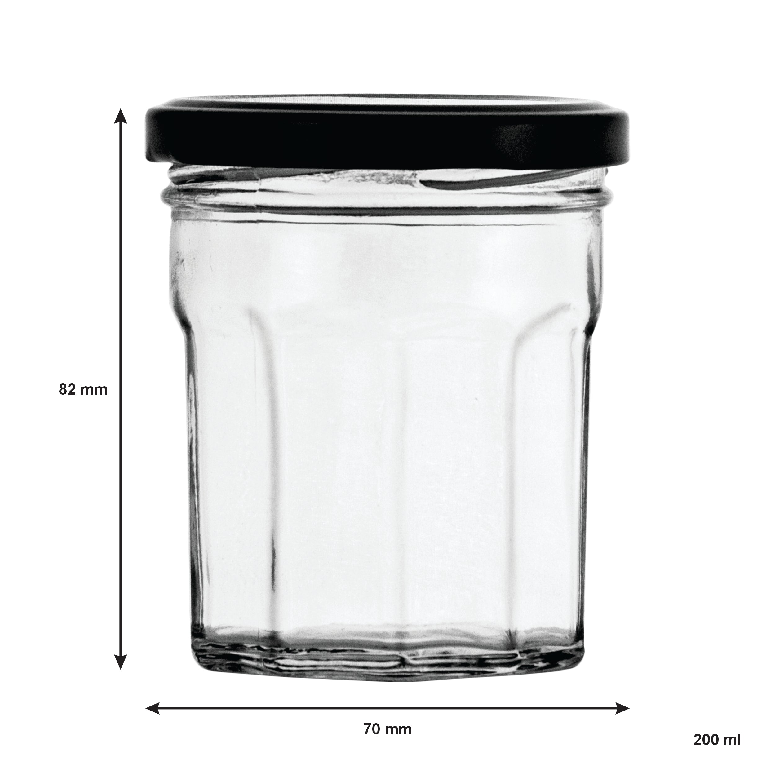 REGENT GLASS FACETED JARS WITH BLACK LIDS 6PK, 200ML