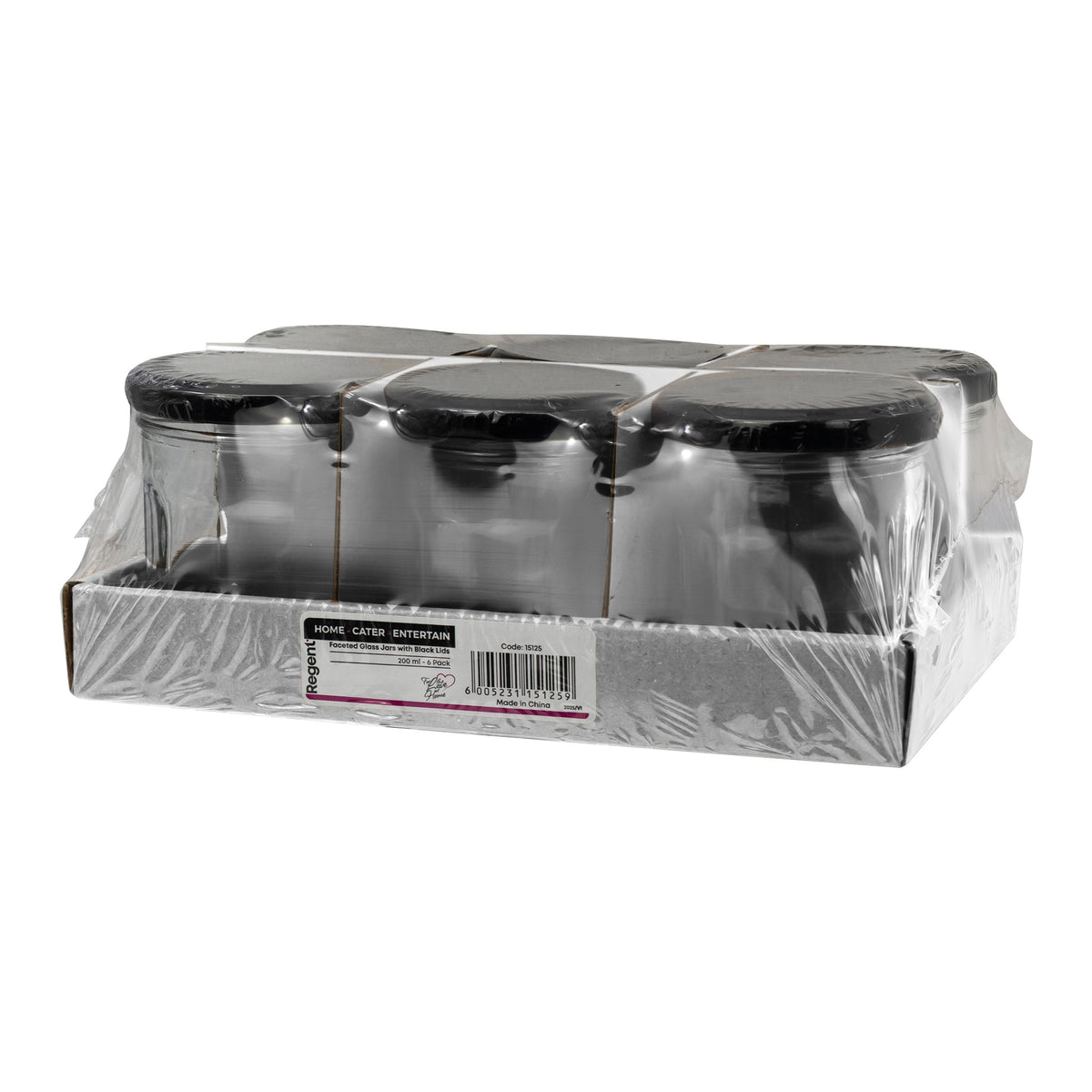 REGENT GLASS FACETED JARS WITH BLACK LIDS 6PK, 200ML
