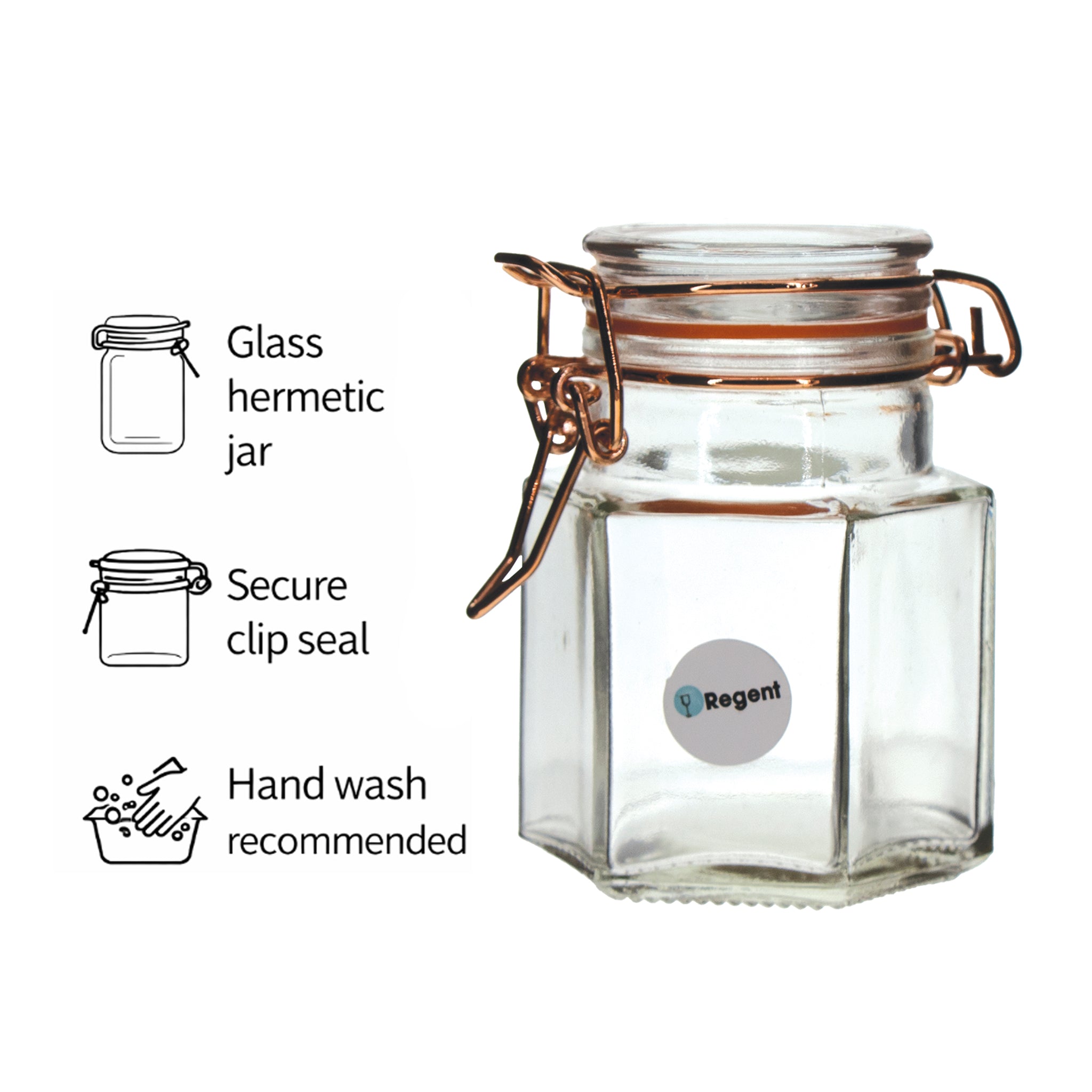 REGENT HERMETIC GLASS HEXAGONAL JARS WITH ROSE GOLD CLIPS 6PK, 100ML
