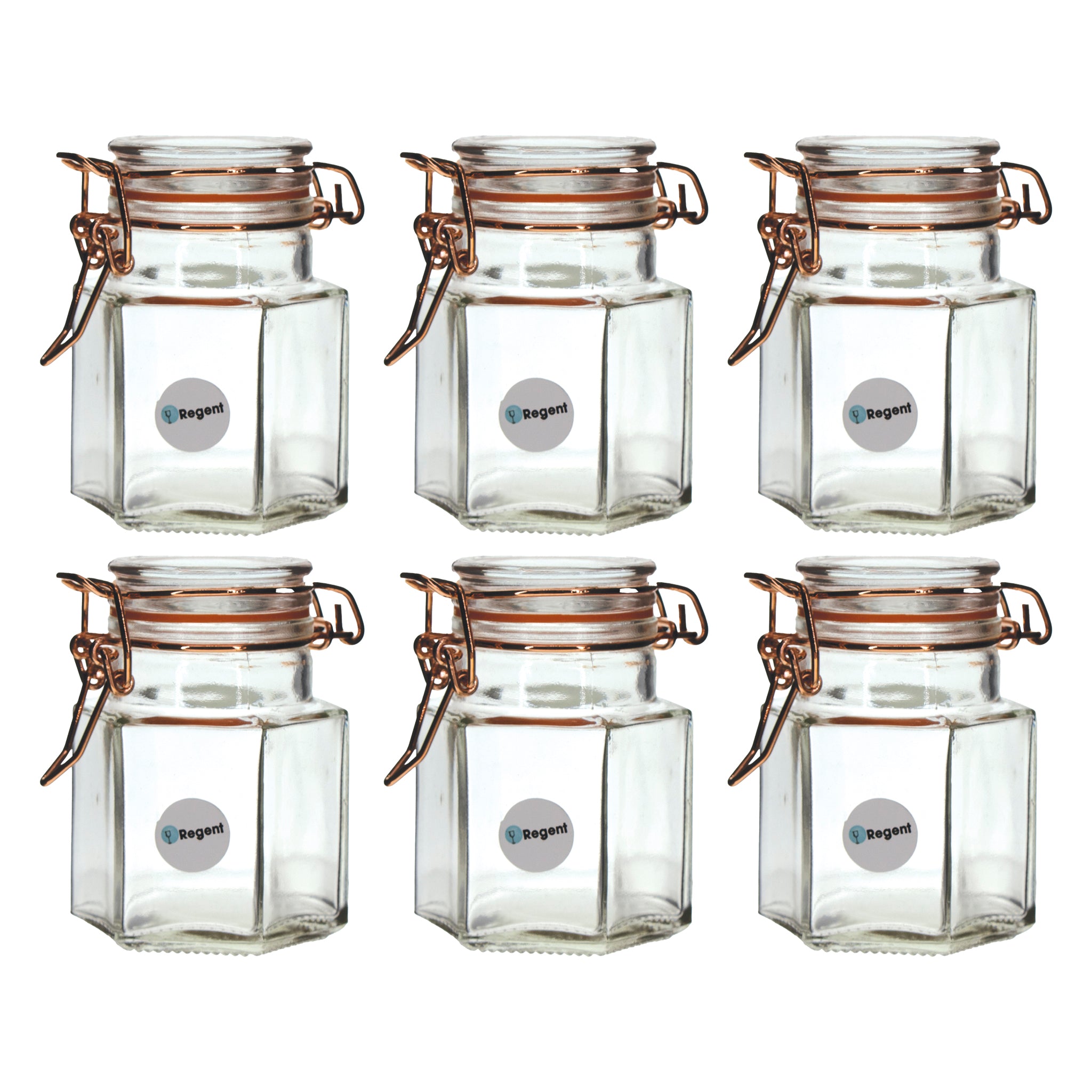 REGENT HERMETIC GLASS HEXAGONAL JARS WITH ROSE GOLD CLIPS 6PK, 100ML