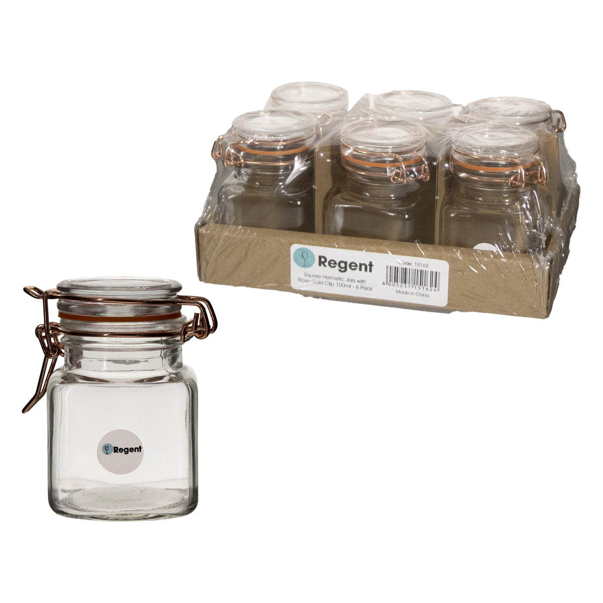 REGENT SQUARE HERMETIC GLASS JARS WITH ROSE GOLD CLIPS 6PK, 100ML
