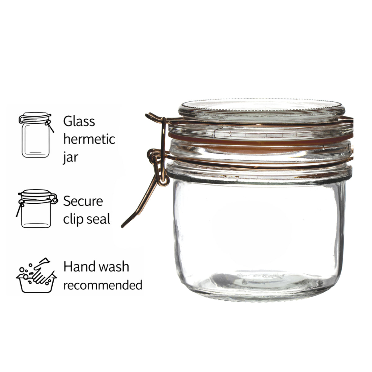 REGENT ROUND HERMETIC GLASS JARS WITH ROSE GOLD CLIP SEAL 6PK, 200ML
