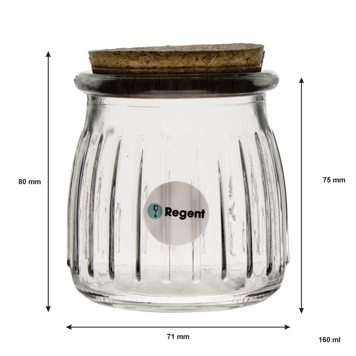 REGENT GLASS ROUND RIBBED JARS WITH CORK LIDS 6PK, 160ML