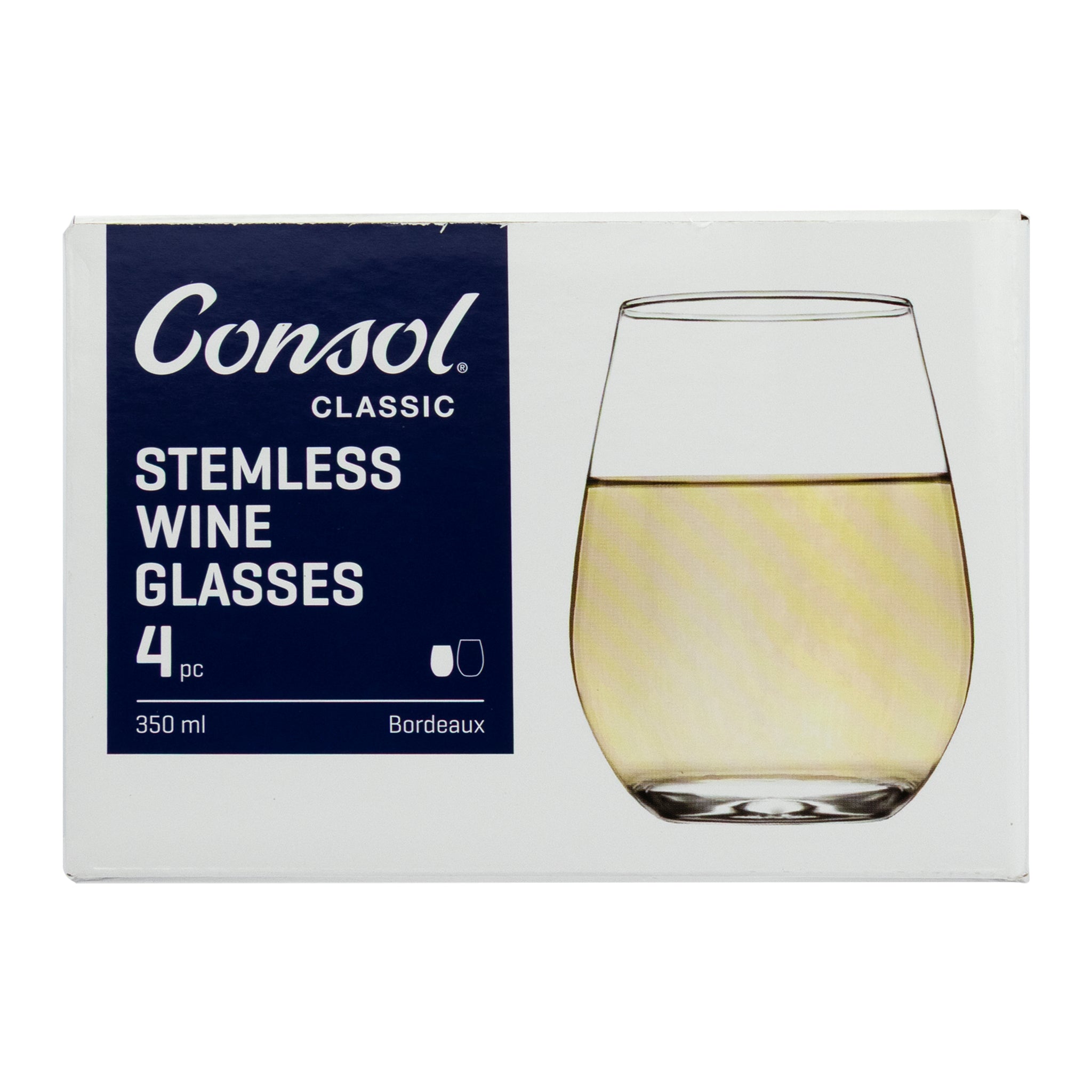 CONSOL BORDEAUX STEMLESS WINE GLASS 4PK, 350ML
