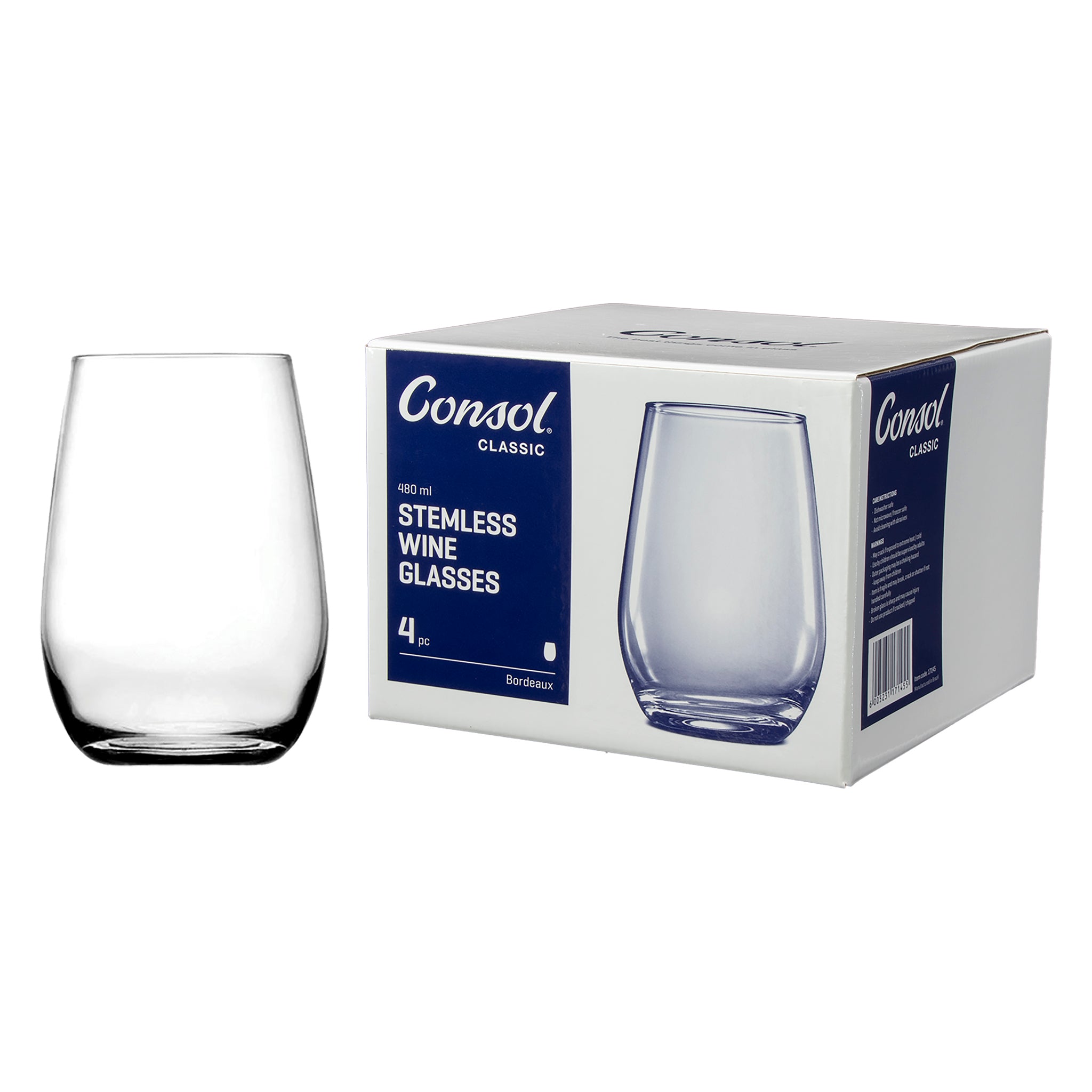CONSOL BORDEAUX STEMLESS WINE GLASS 4PK, 480ML