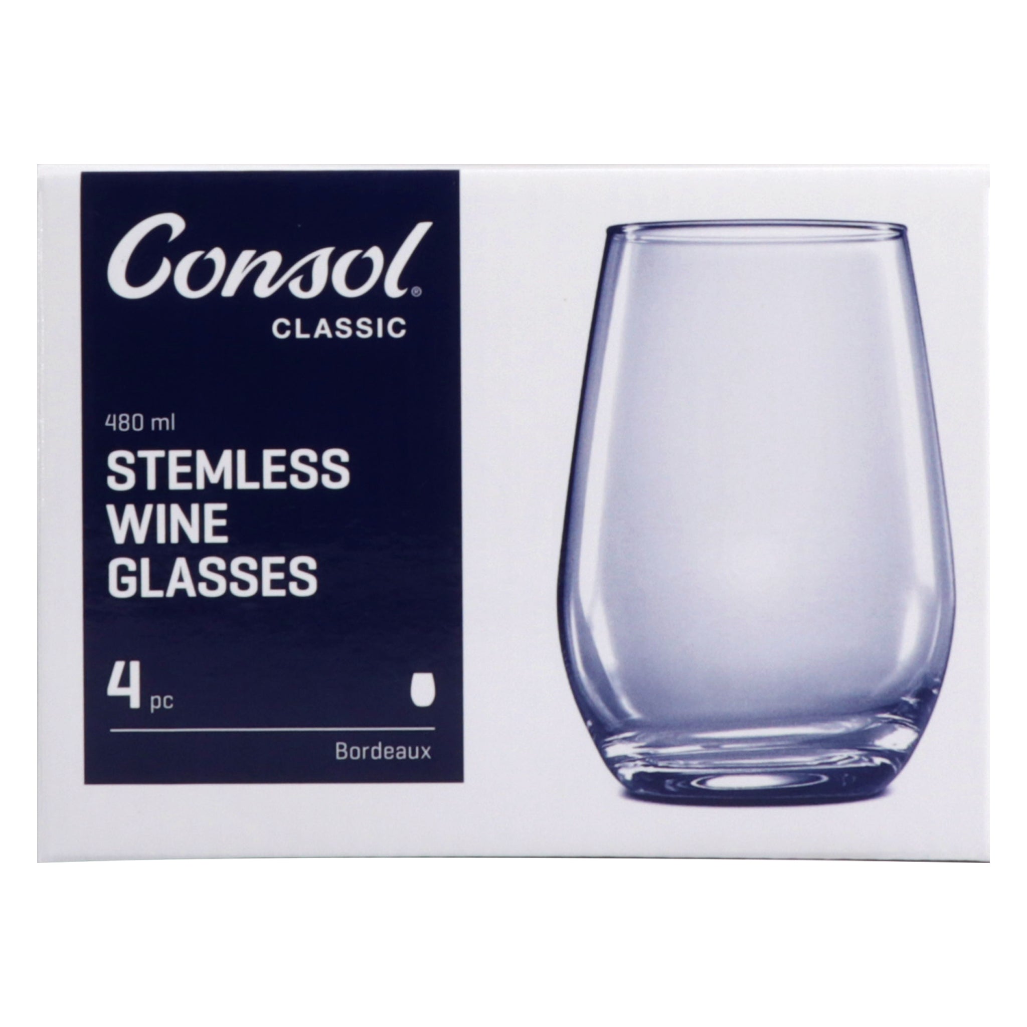 CONSOL BORDEAUX STEMLESS WINE GLASS 4PK, 480ML