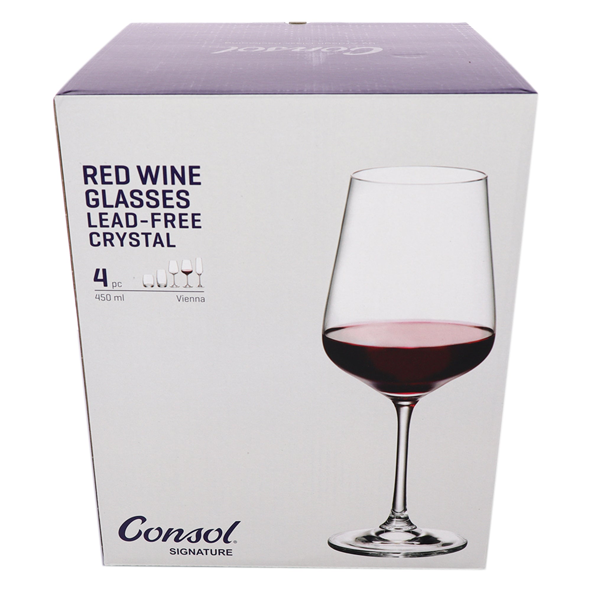 CONSOL SIGNATURE VIENNA CRYSTAL STEM RED WINE GLASS 4PK, 450ML