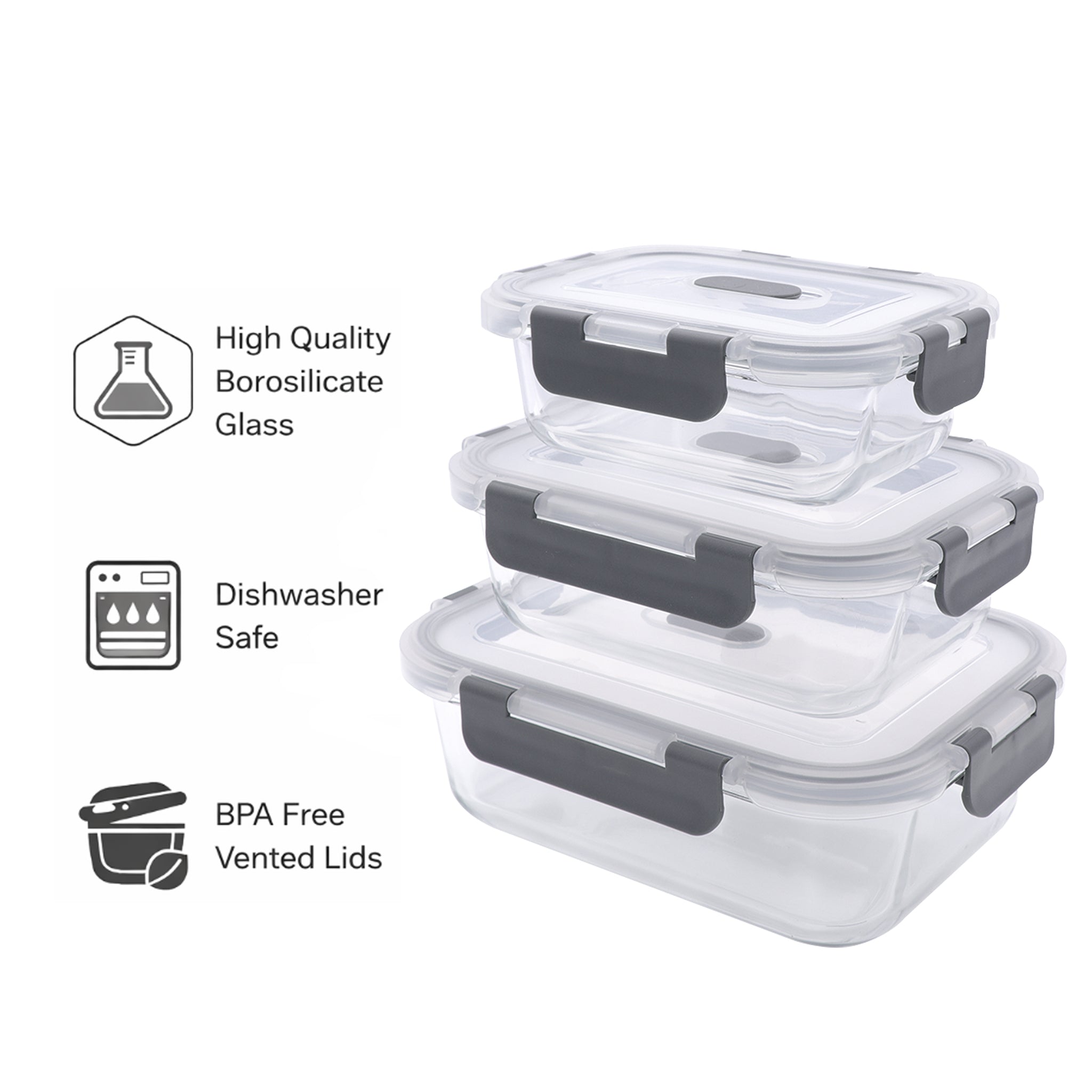CONSOL MADRID STORAGE CONTAINERS WITH CLIP ON VENTED LIDS VALUE 3PK SET, 1L & 630ML & 370ML
