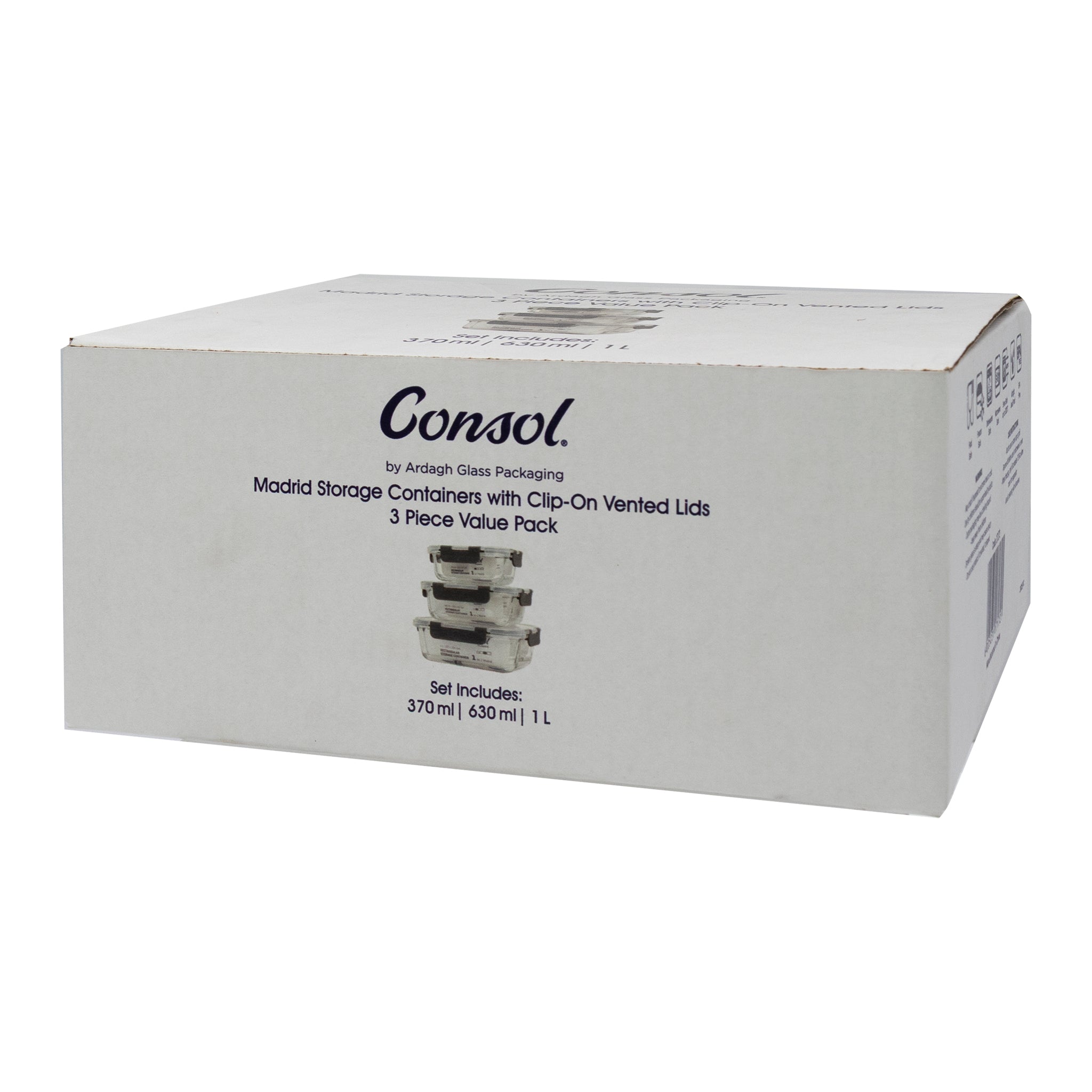 CONSOL MADRID STORAGE CONTAINERS WITH CLIP ON VENTED LIDS VALUE 3PK SET, 1L & 630ML & 370ML