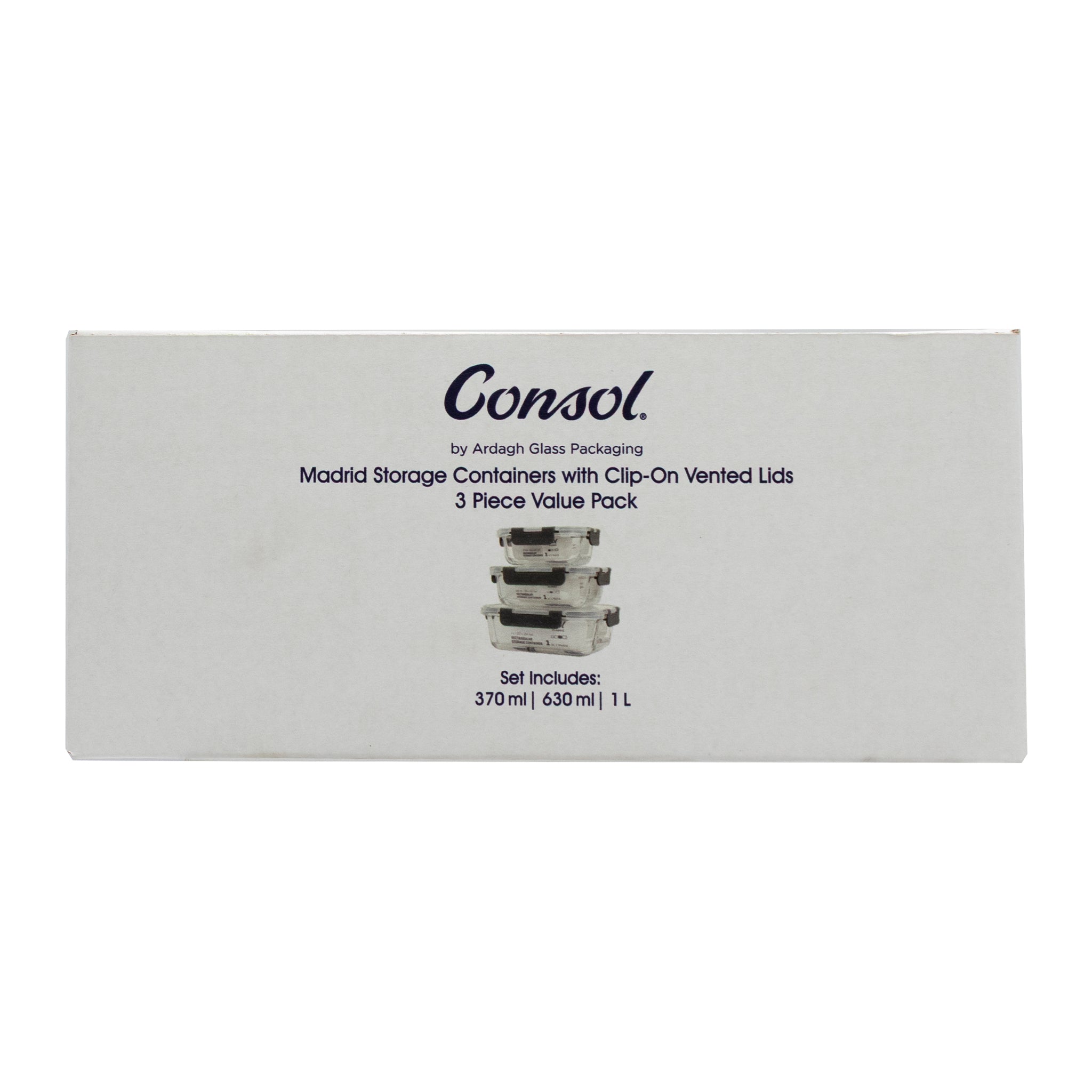 CONSOL MADRID STORAGE CONTAINERS WITH CLIP ON VENTED LIDS VALUE 3PK SET, 1L & 630ML & 370ML