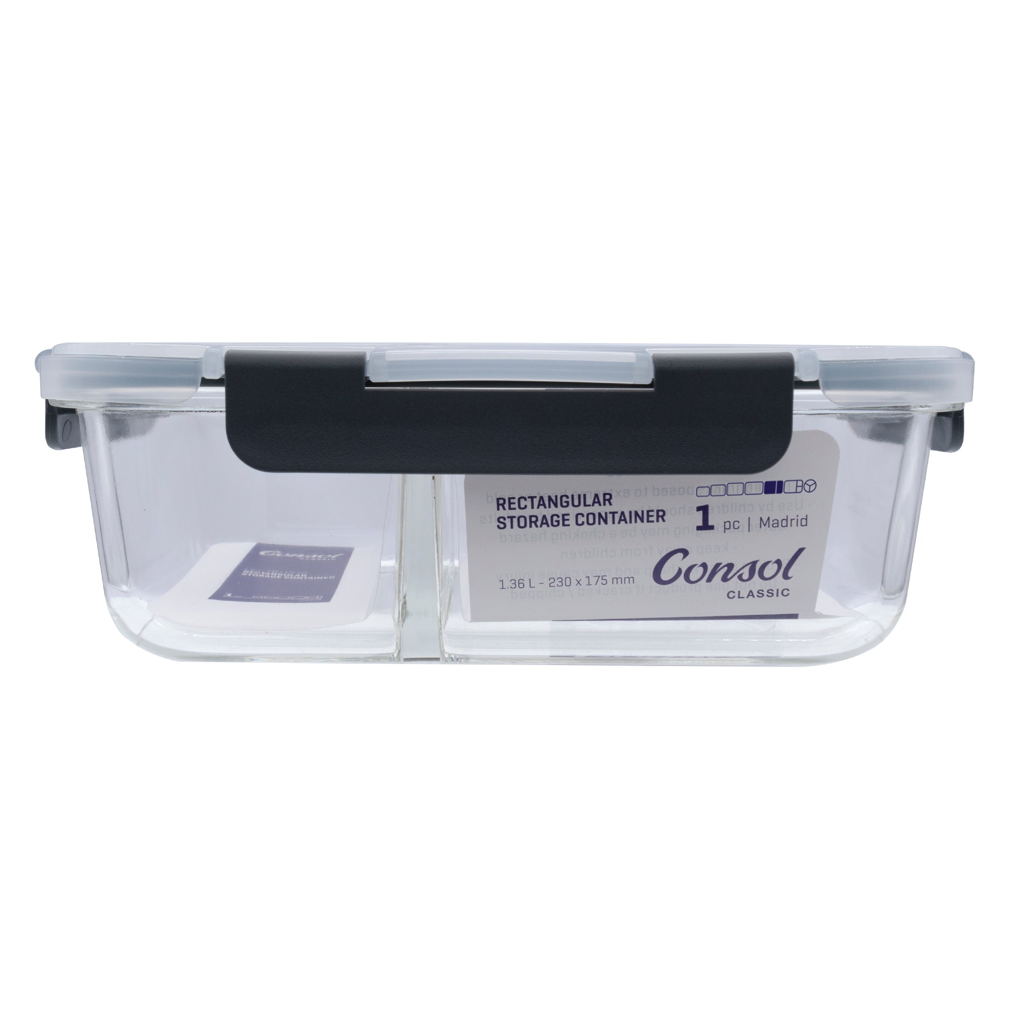 CONSOL MADRID RECT. 2 DIVISION STORAGE CONTAINER WITH CLIP ON LID, 1.36L