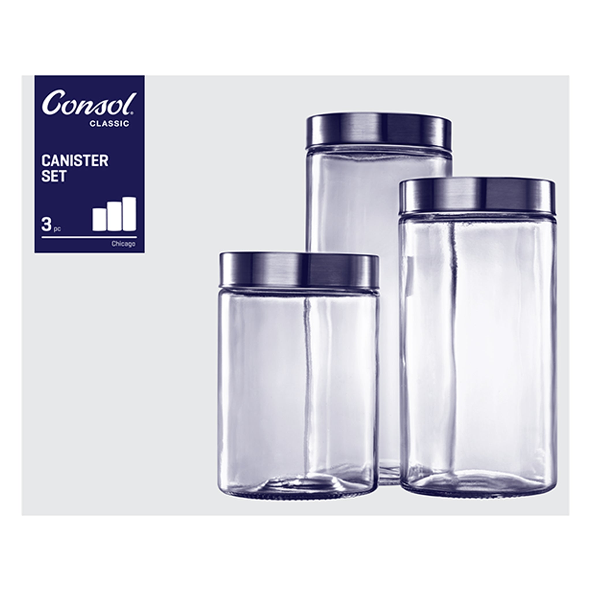 CONSOL CHICAGO CANISTERS WITH STAINLESS STEEL LIDS 3PK SET
