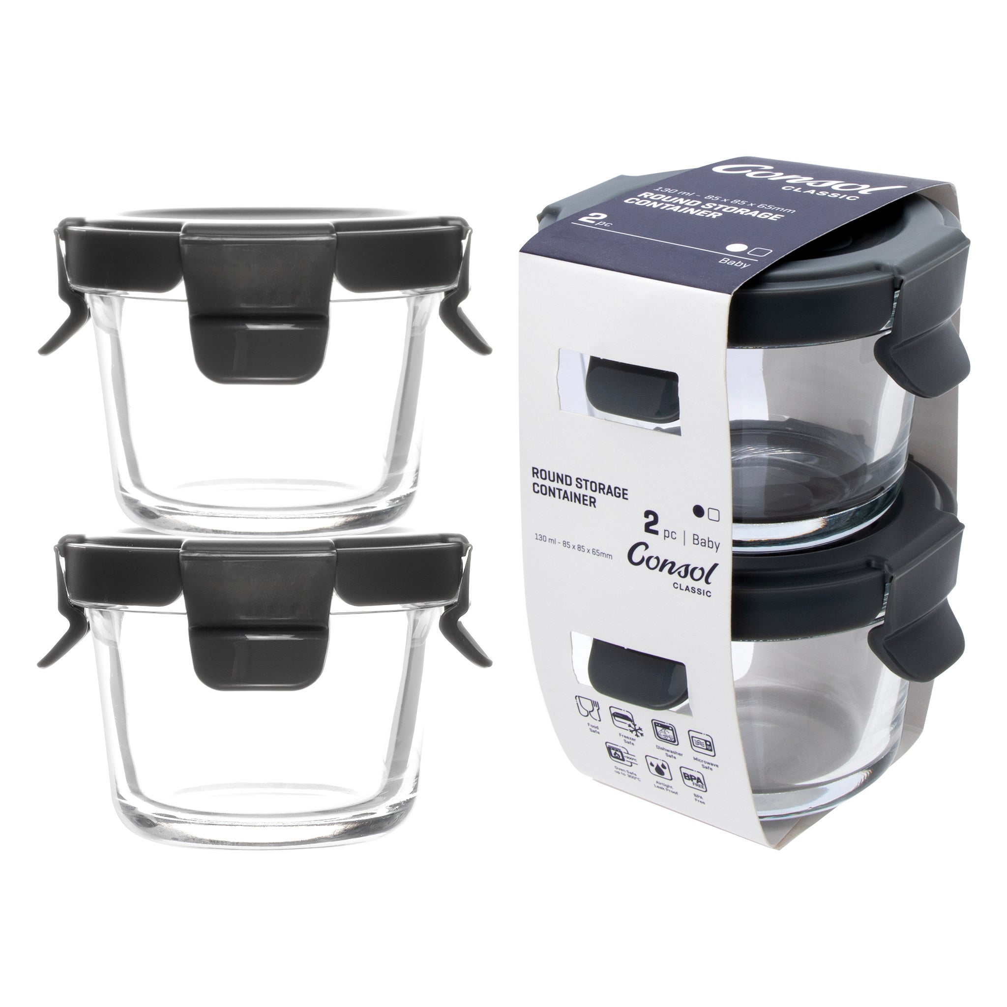 CONSOL ROUND GLASS BABY FOOD CONTAINERS WITH VENTED CLIP LIDS 2PK, 130ML