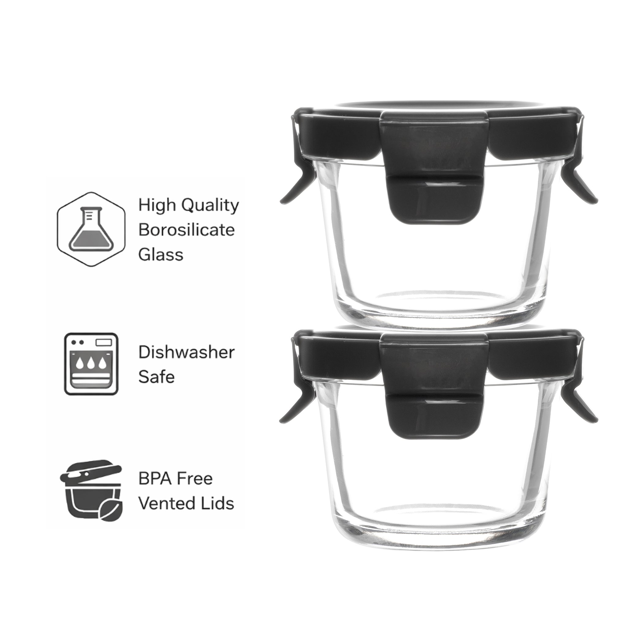 CONSOL ROUND GLASS BABY FOOD CONTAINERS WITH VENTED CLIP LIDS 2PK, 130ML