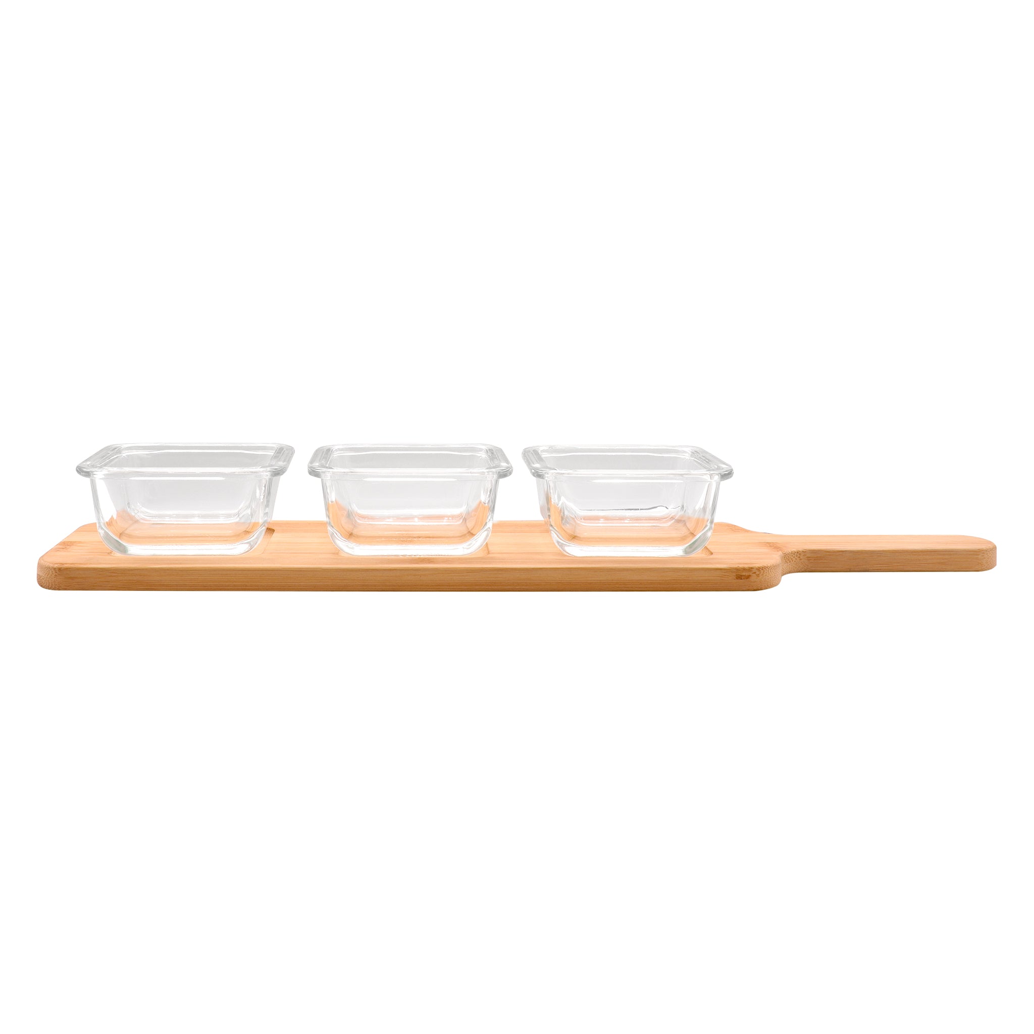 CONSOL SANTORINI 3 SQUARE GLASS BOWLS 140ML ON A BAMBOO SERVING BOARD 4PCS SET