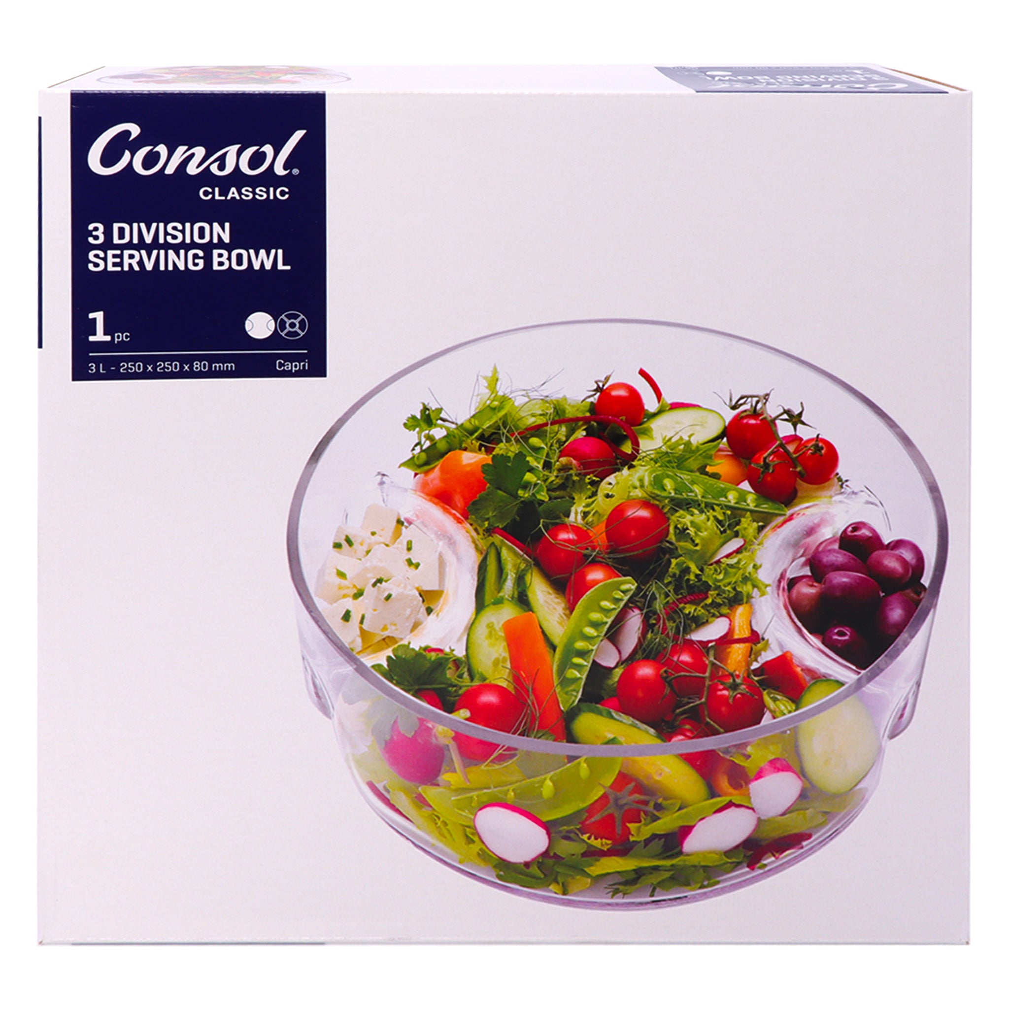 CONSOL GENOA GLASS SERVING BOWL WITH 3 SECTIONS, 250MM DIA