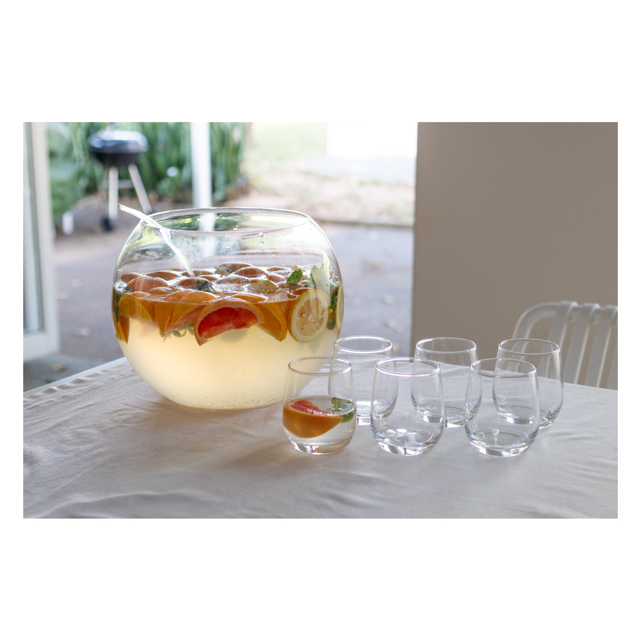 CONSOL GENOA GLASS PUNCH BOWL, 6 GLASSES 340ML AND PLASTIC LADLE 8PCS SET, 11L