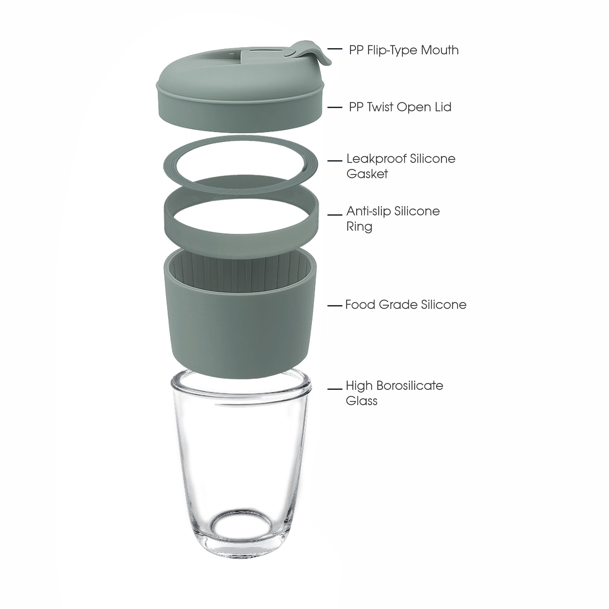 CONSOL LUGO GLASS TRAVEL MUG WITH GREEN PLASTIC LID, 320ML