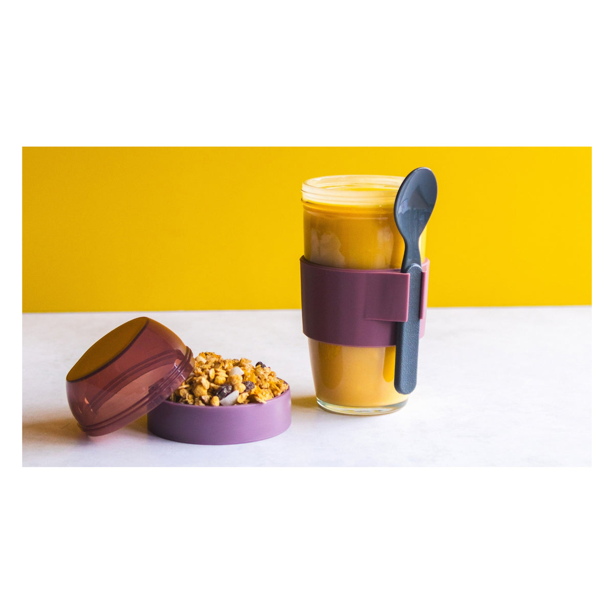 CONSOL LUGO LAYER LUX CUP WITH PURPLE PLASTIC LID AND GREY SPOON, 480ML