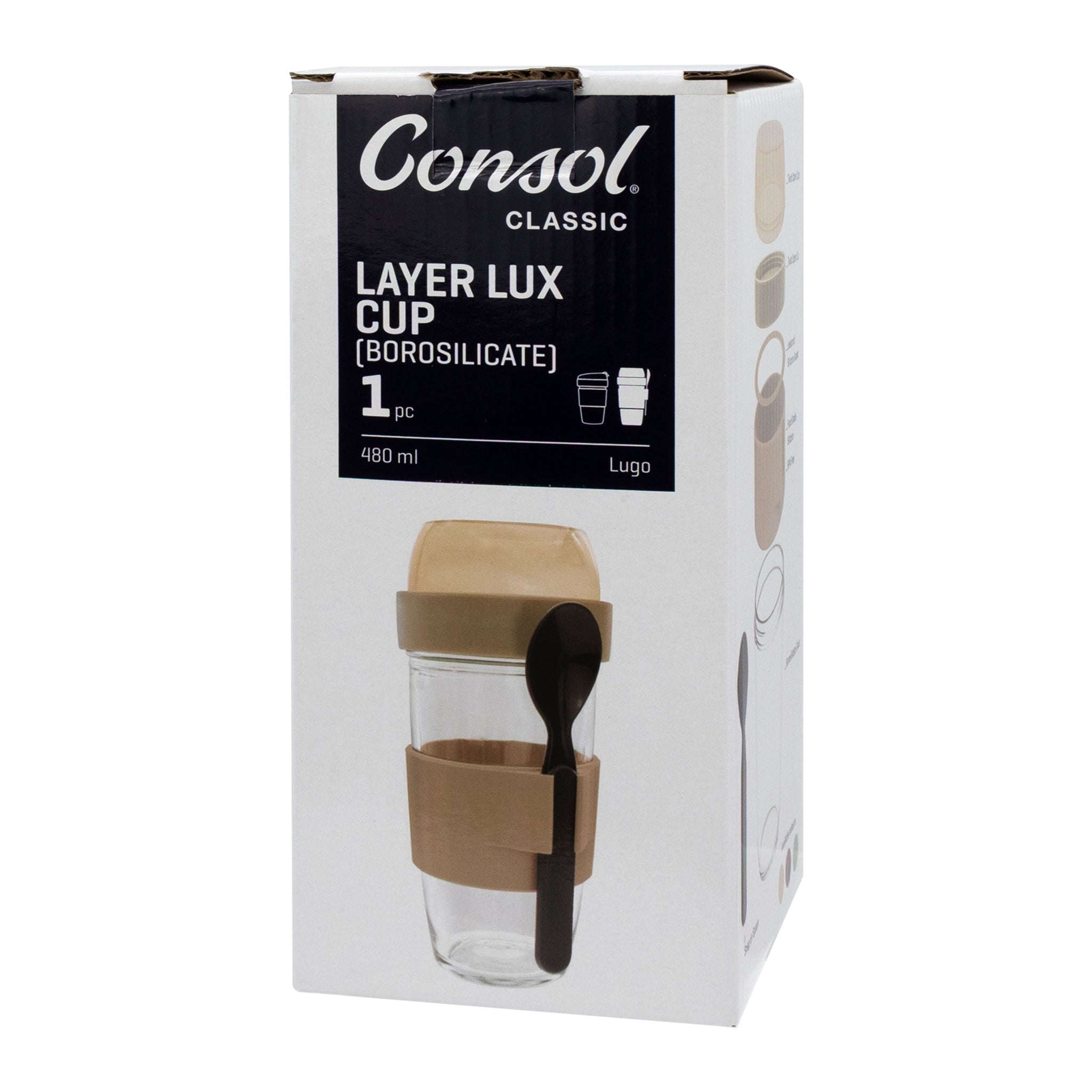 CONSOL LUGO LAYER LUX CUP WITH BEIGE PLASTIC LID AND GREY SPOON, 480ML