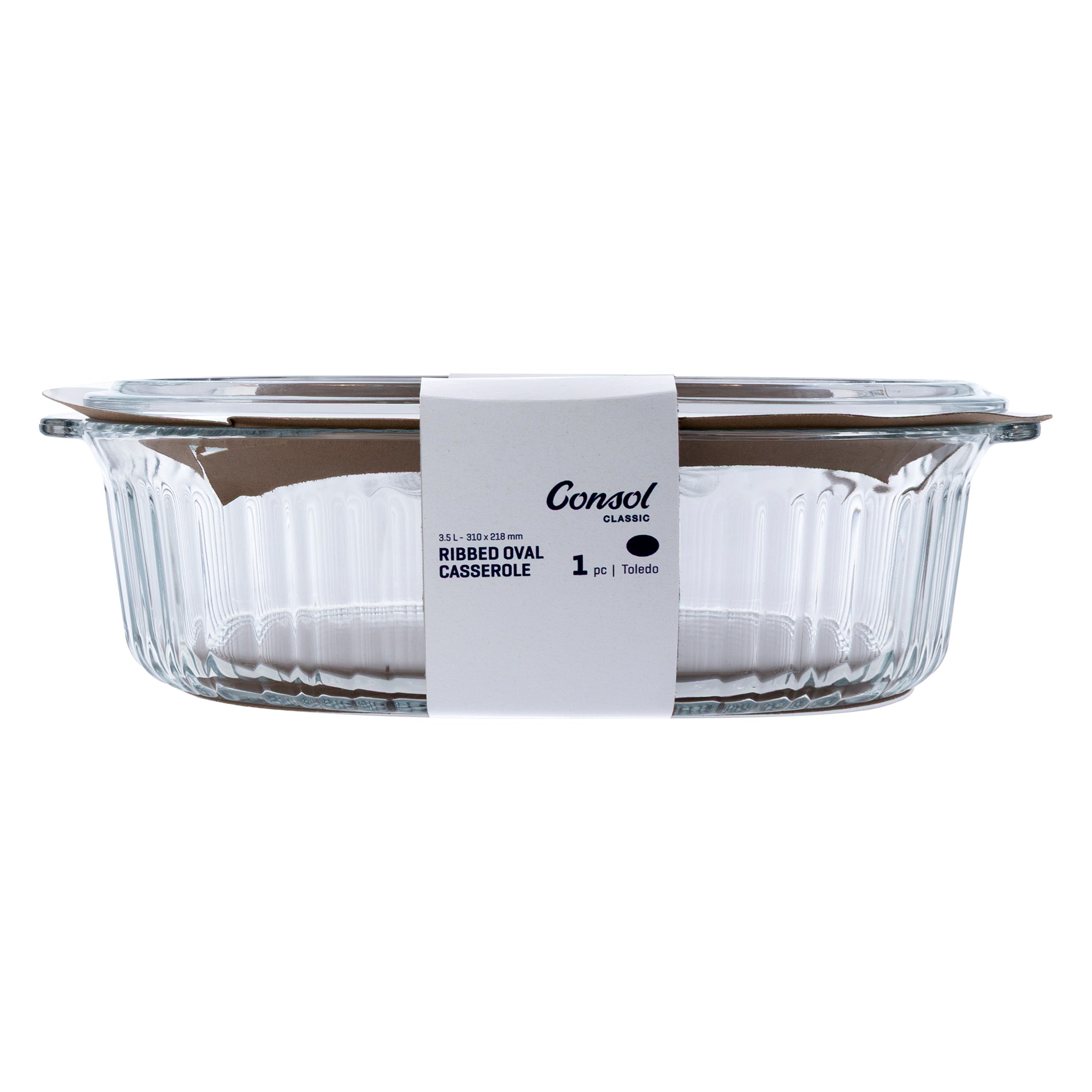 CONSOL TOLEDO OVAL RIBBED GLASS CASSEROLE WITH LID, 2.8L