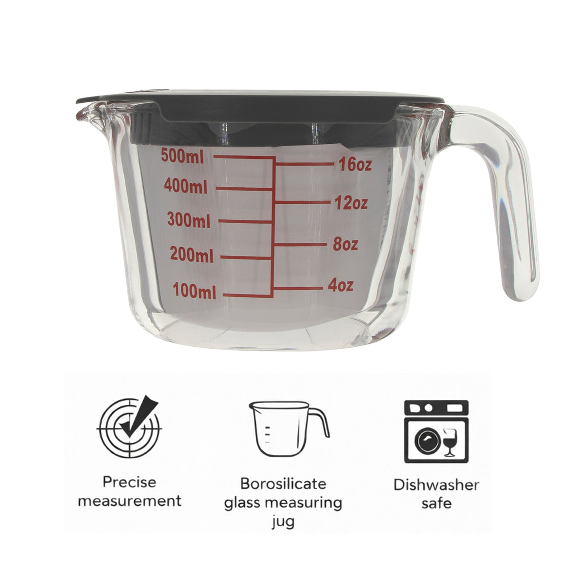 CONSOL PALMA MEASURING JUG BOROSILICATE WITH GREY COVER, 500ML